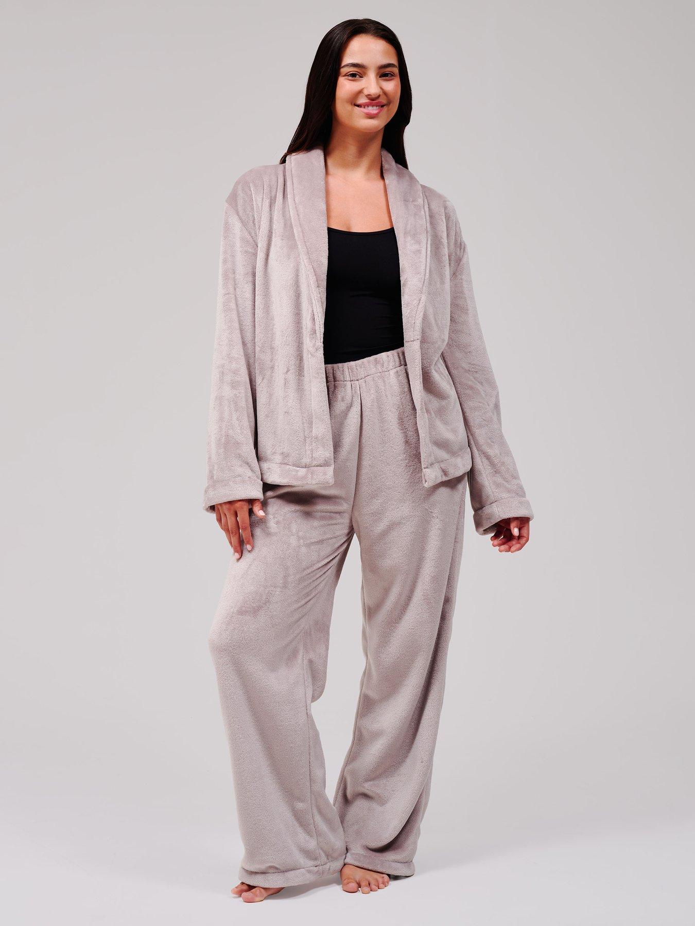 Image 3 of 6 of Loungeable Flannel Fleece Shawl Collar Wrap Robe &amp; Straight Leg Trousers Lounge Set - Beige