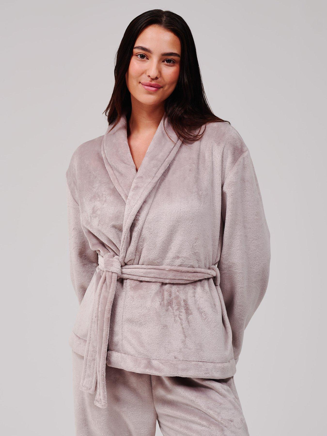 Image 4 of 6 of Loungeable Flannel Fleece Shawl Collar Wrap Robe &amp; Straight Leg Trousers Lounge Set - Beige