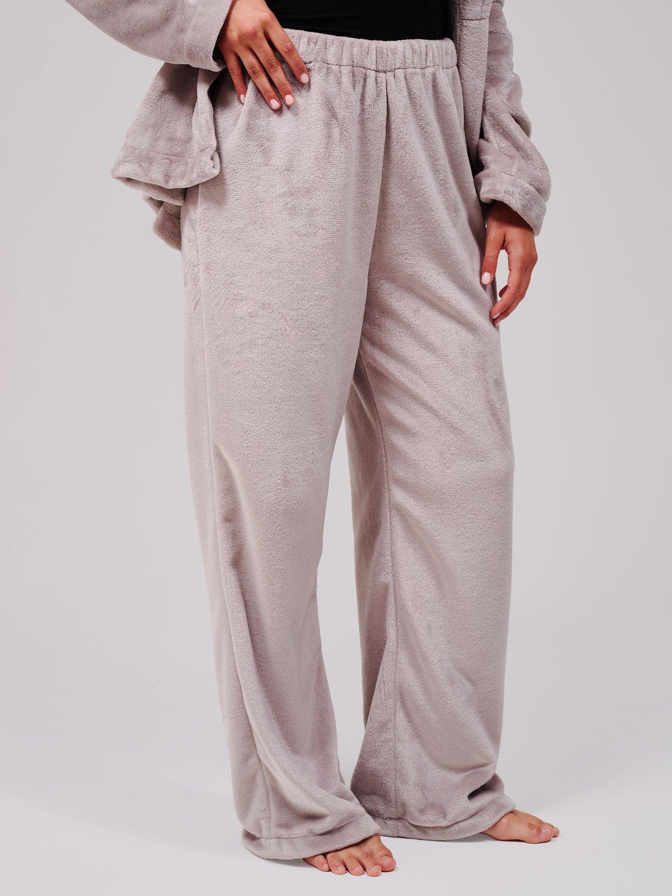 Image 5 of 6 of Loungeable Flannel Fleece Shawl Collar Wrap Robe &amp; Straight Leg Trousers Lounge Set - Beige