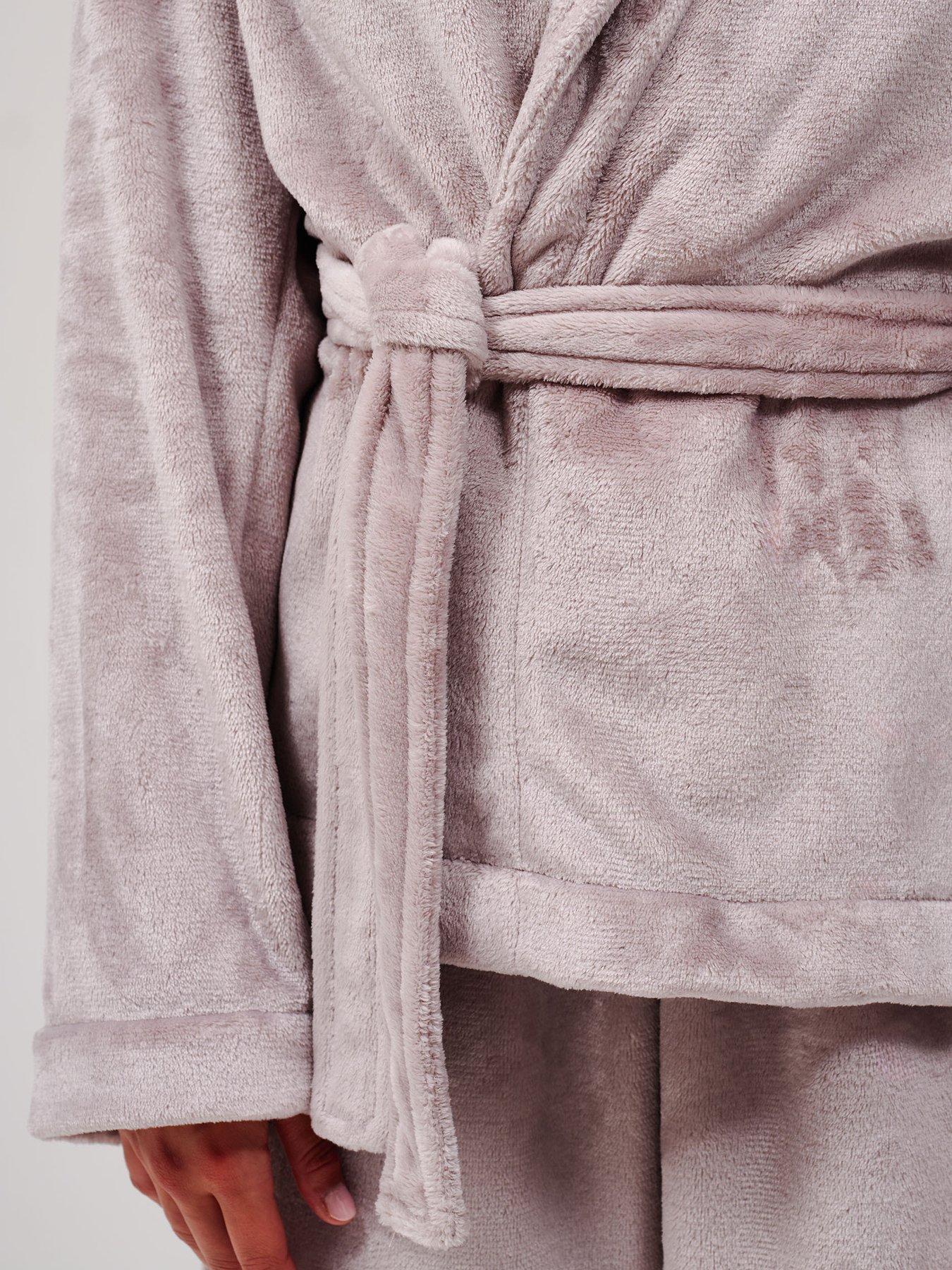 Image 6 of 6 of Loungeable Flannel Fleece Shawl Collar Wrap Robe &amp; Straight Leg Trousers Lounge Set - Beige