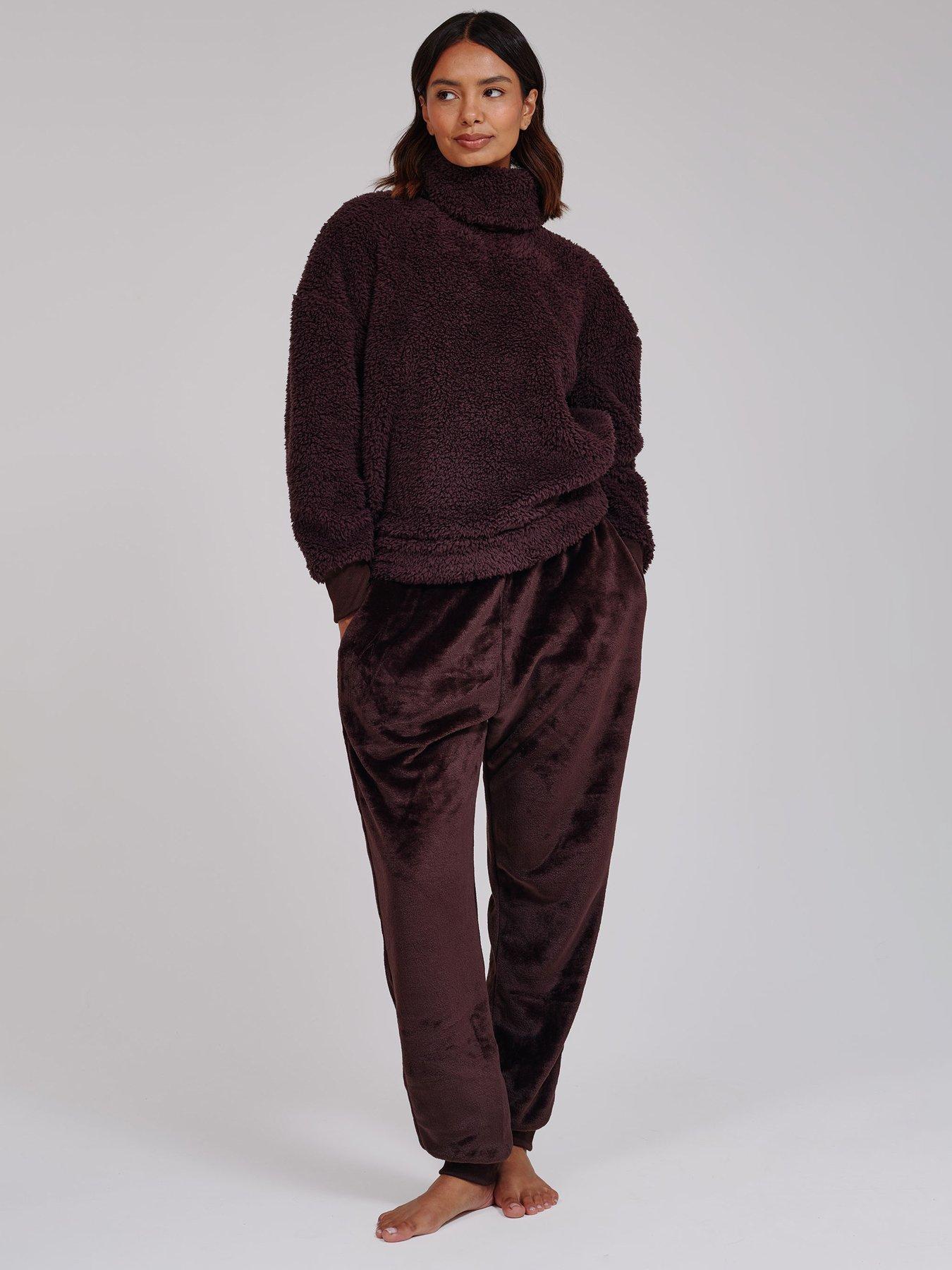 Image 1 of 7 of Loungeable Borg Removable Snood Jumper &amp; Luxury Fleece Jogger Lounge Set - Brown