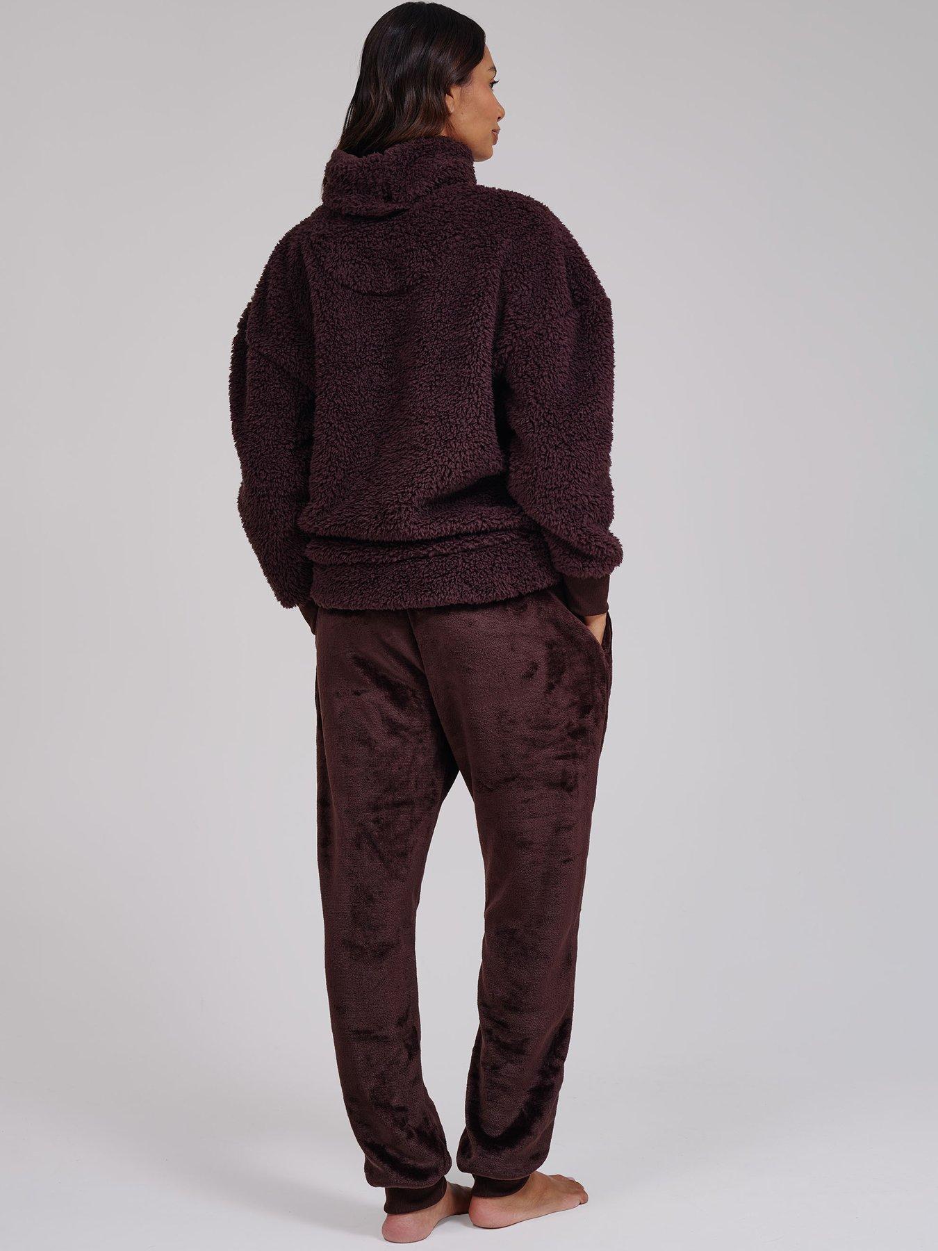 Image 2 of 7 of Loungeable Borg Removable Snood Jumper &amp; Luxury Fleece Jogger Lounge Set - Brown