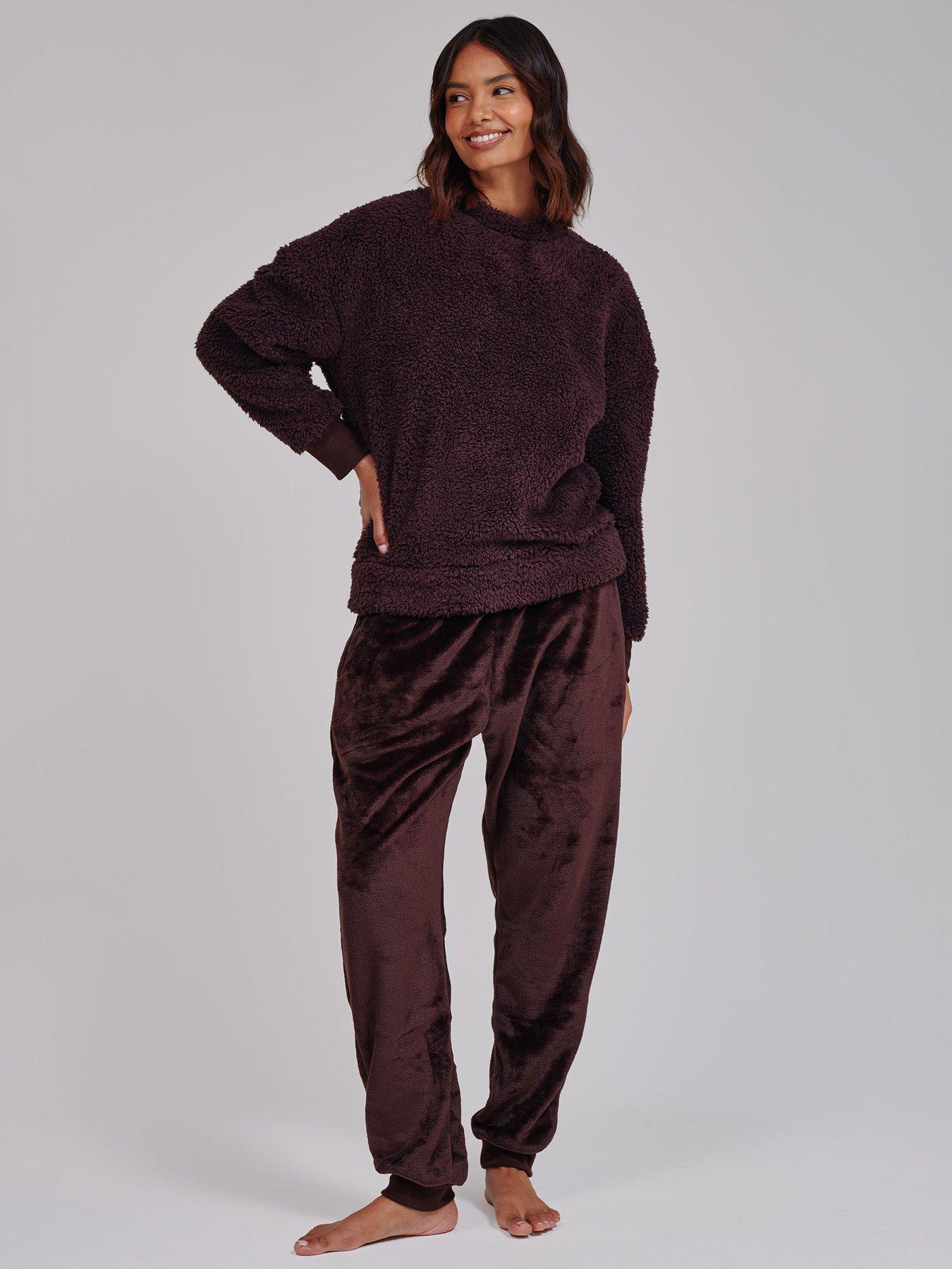 Image 3 of 7 of Loungeable Borg Removable Snood Jumper &amp; Luxury Fleece Jogger Lounge Set - Brown