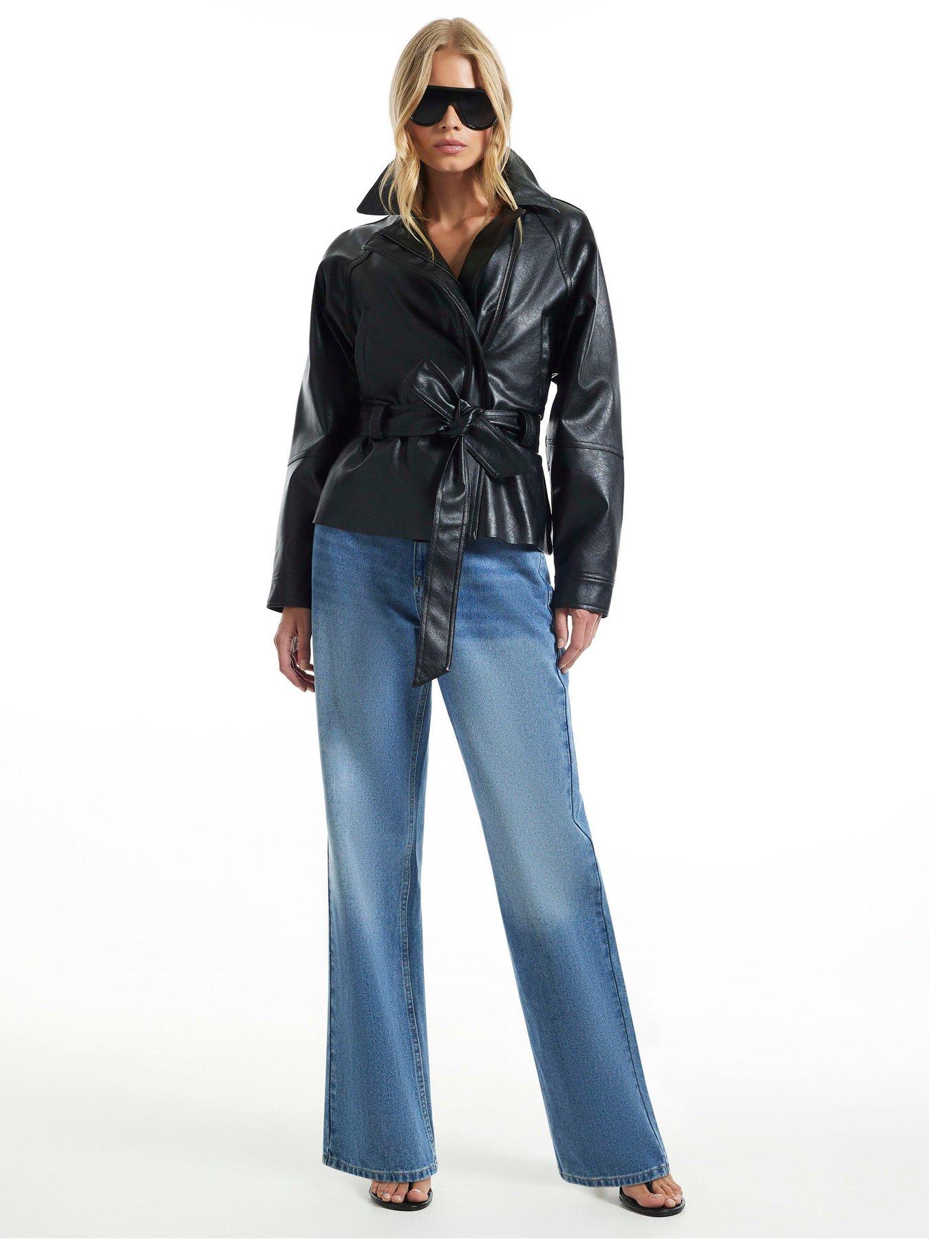Image 3 of 6 of River Island Womens Belted Faux Leather Biker Jacket - Black
