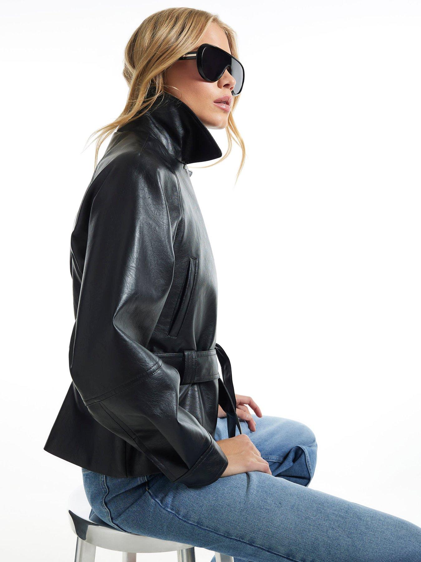 Image 4 of 6 of River Island Womens Belted Faux Leather Biker Jacket - Black