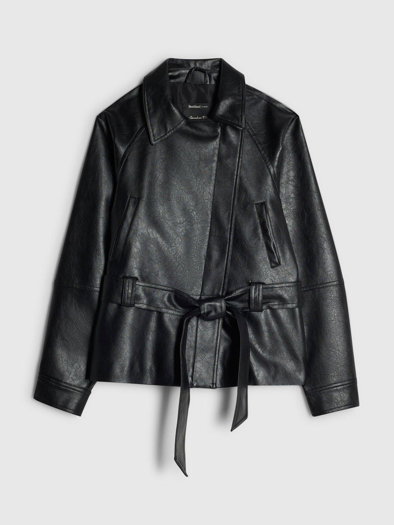 Image 5 of 6 of River Island Womens Belted Faux Leather Biker Jacket - Black