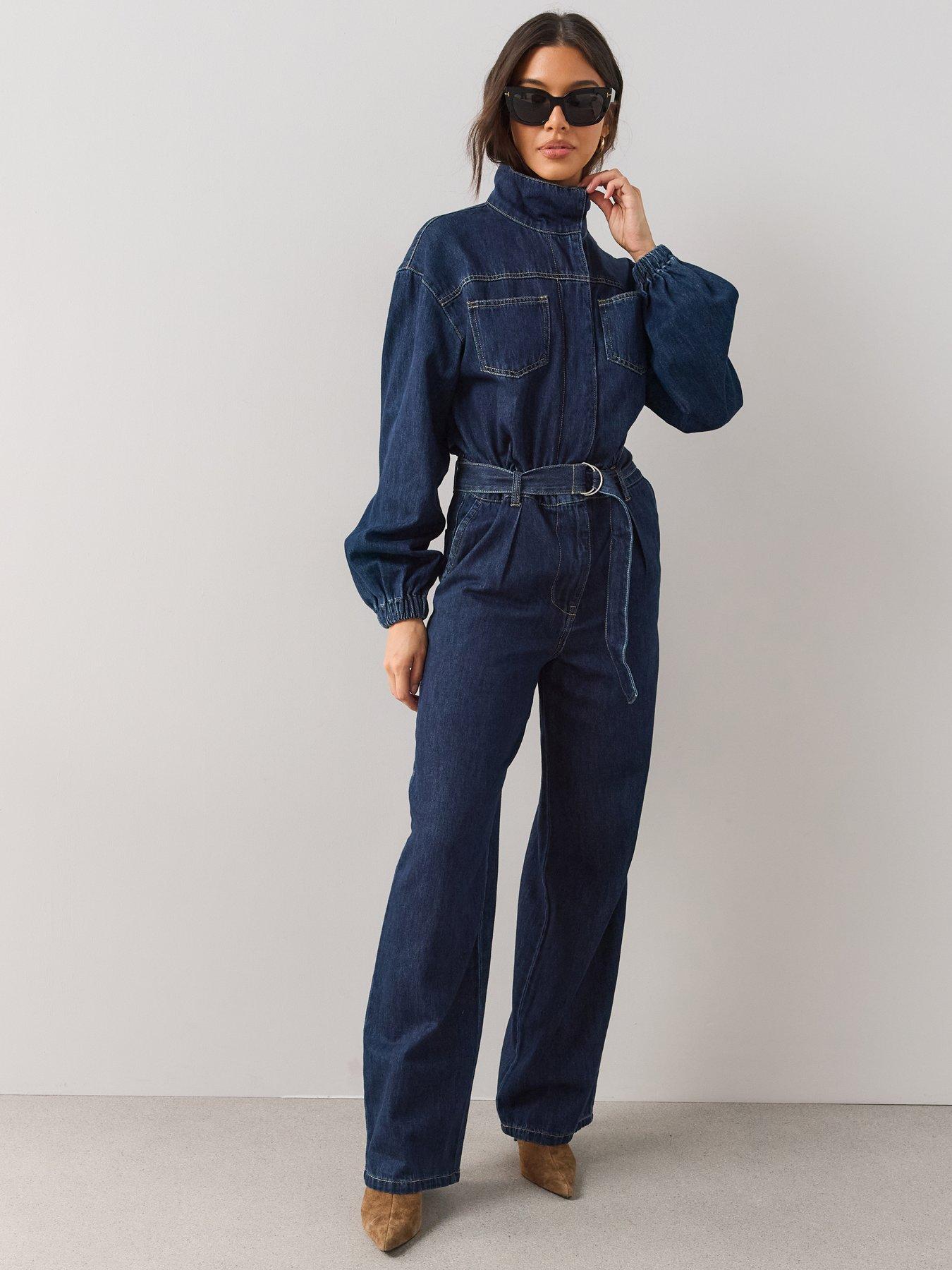 Image 1 of 7 of The Very Collection Womens Belted Funnel Neck Denim Jumpsuit - Dark Wash