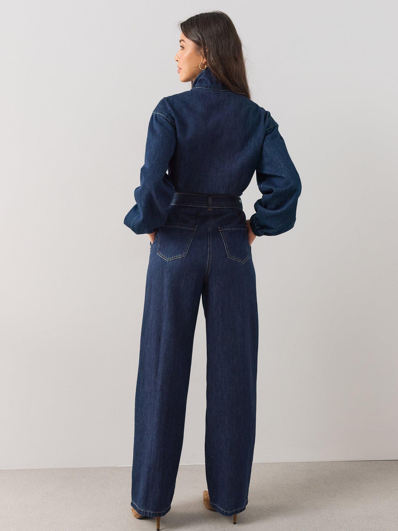 Image 2 of 7 of The Very Collection Womens Belted Funnel Neck Denim Jumpsuit - Dark Wash