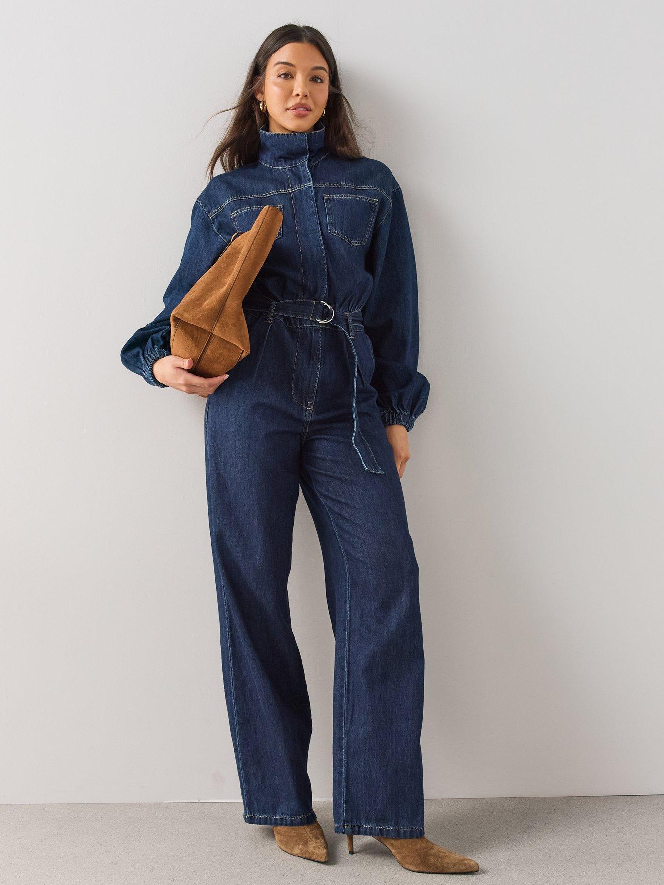 Image 3 of 7 of The Very Collection Womens Belted Funnel Neck Denim Jumpsuit - Dark Wash