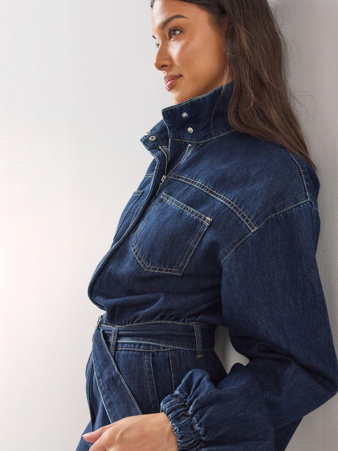Image 4 of 7 of The Very Collection Womens Belted Funnel Neck Denim Jumpsuit - Dark Wash