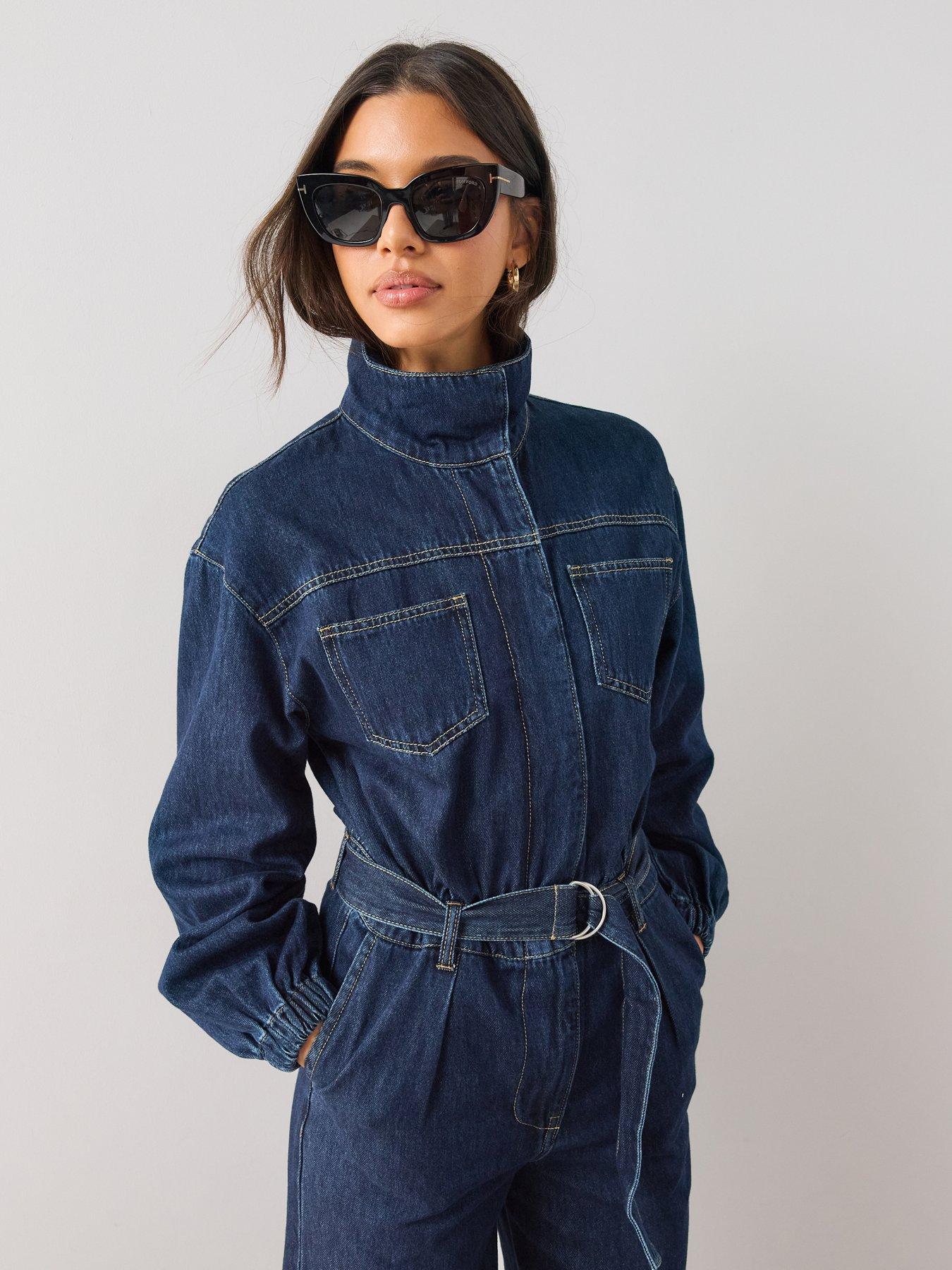 Image 5 of 7 of The Very Collection Womens Belted Funnel Neck Denim Jumpsuit - Dark Wash