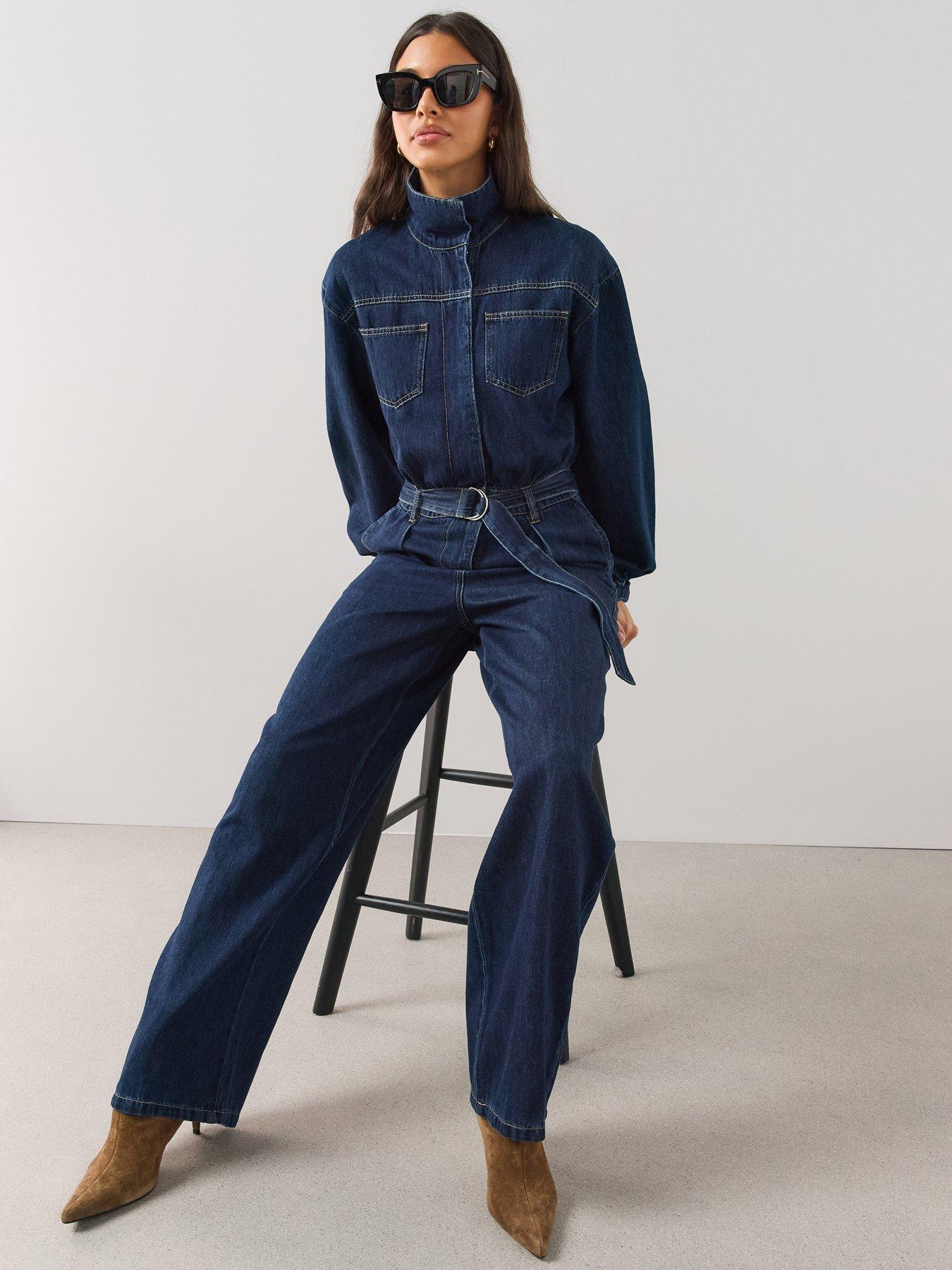 Image 6 of 7 of The Very Collection Womens Belted Funnel Neck Denim Jumpsuit - Dark Wash