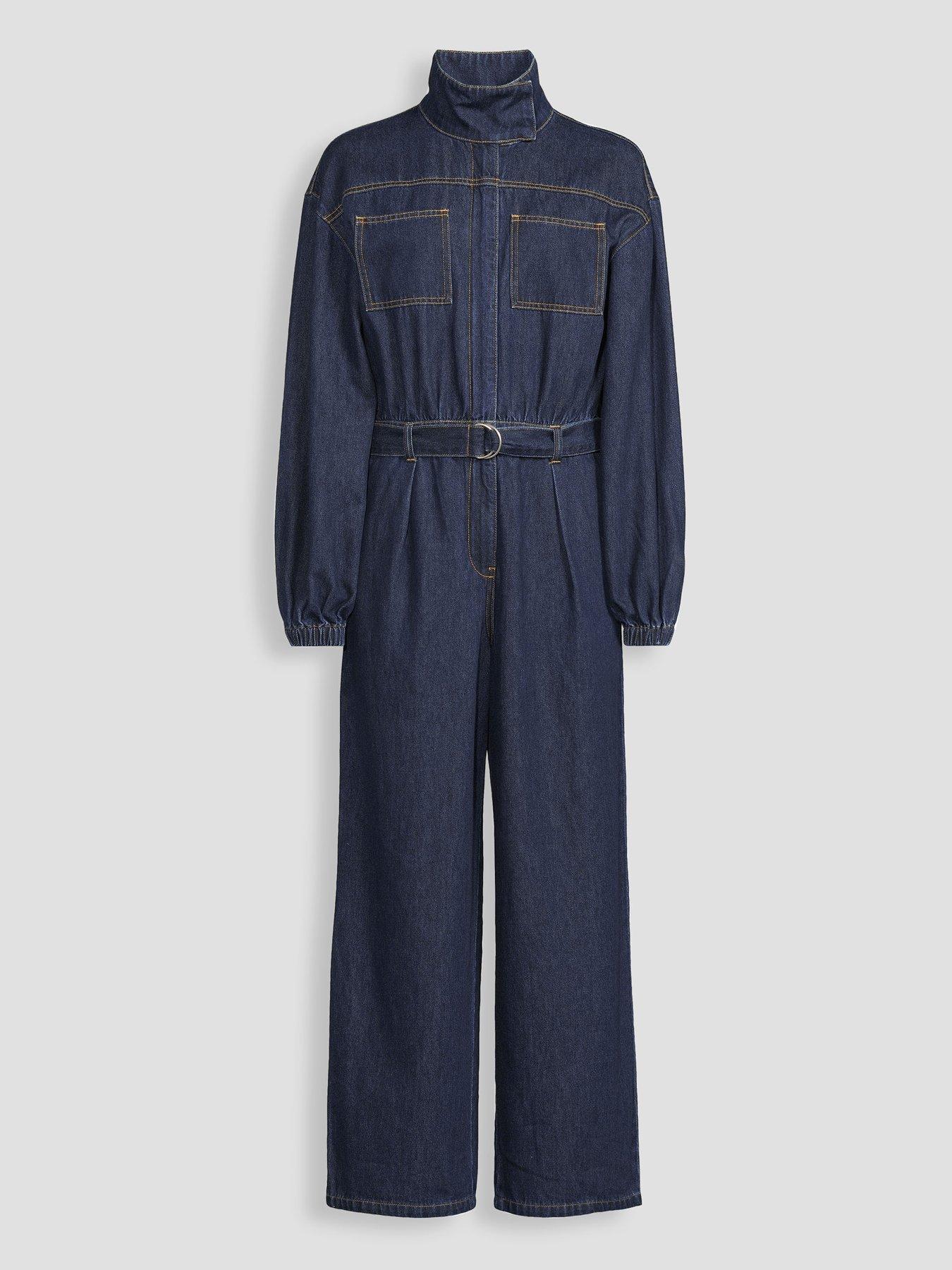Image 7 of 7 of The Very Collection Womens Belted Funnel Neck Denim Jumpsuit - Dark Wash