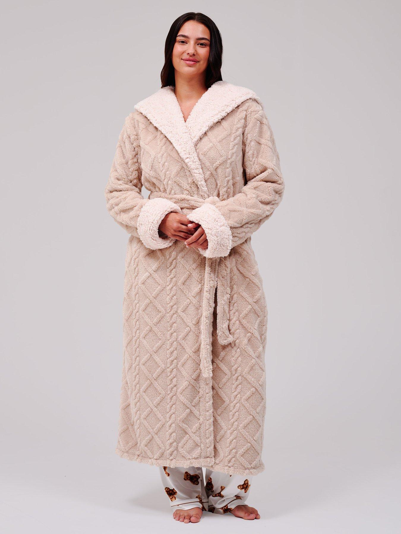 Loungeable Loungeable Cable Cutwork Hooded Midi Dressing Gown - Taupe