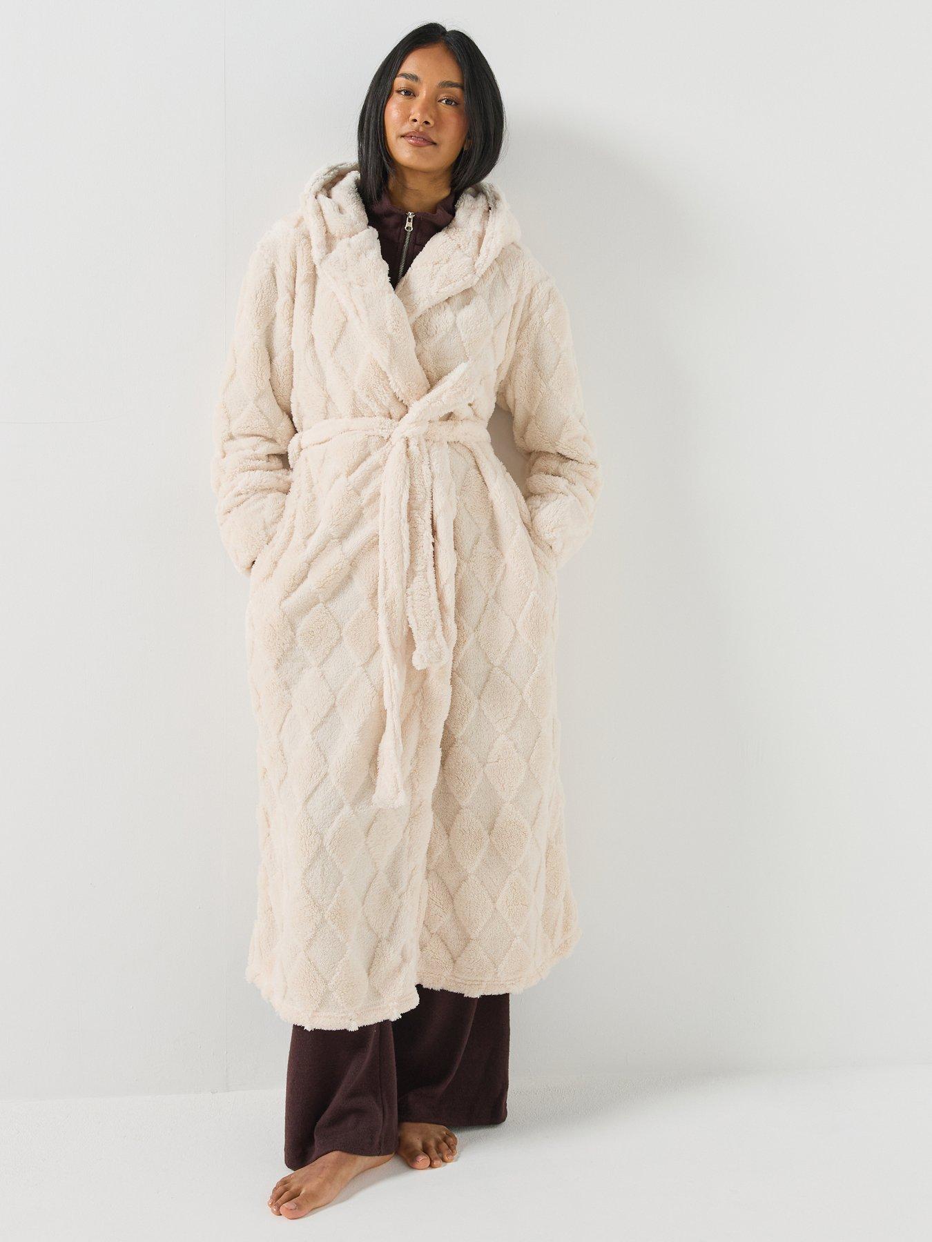 Loungeable Loungeable Diamond Cut Fleece Hooded Maxi Robe - Cream