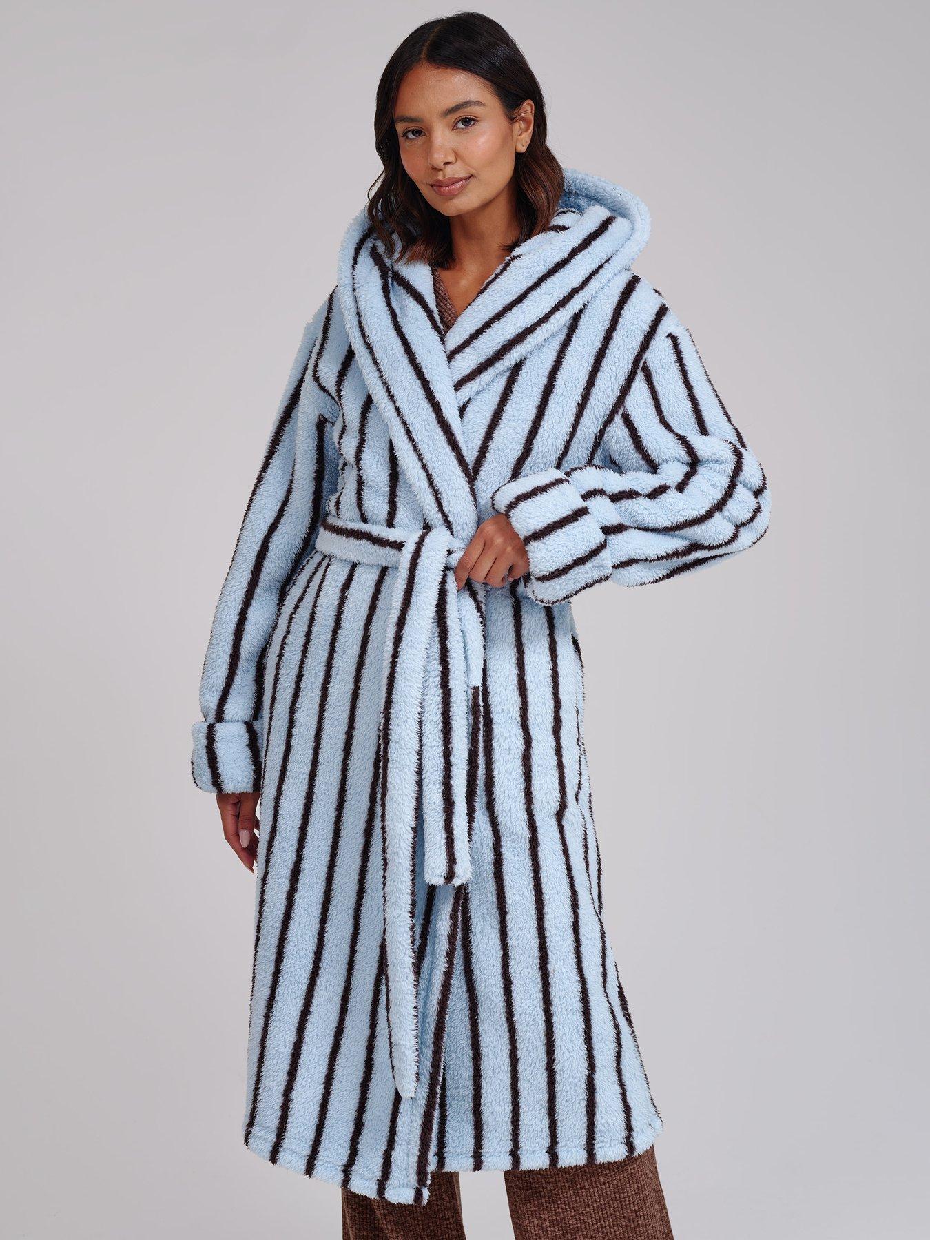 Loungeable Loungeable Chunky Sherpa Stripe Midi Hooded Dressing Gown - Blue