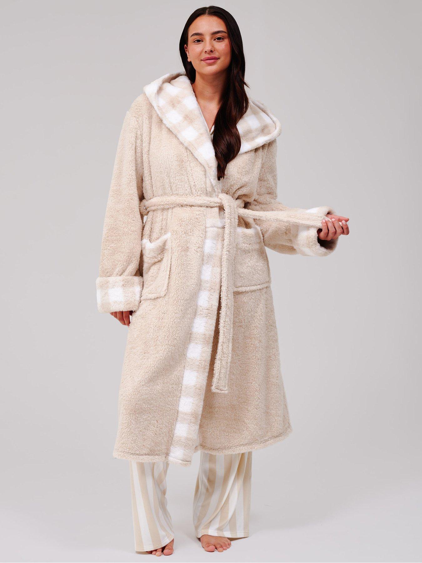 Loungeable Gingham Faux Fur Trim Hooded Midi Dressing Gown - Beige