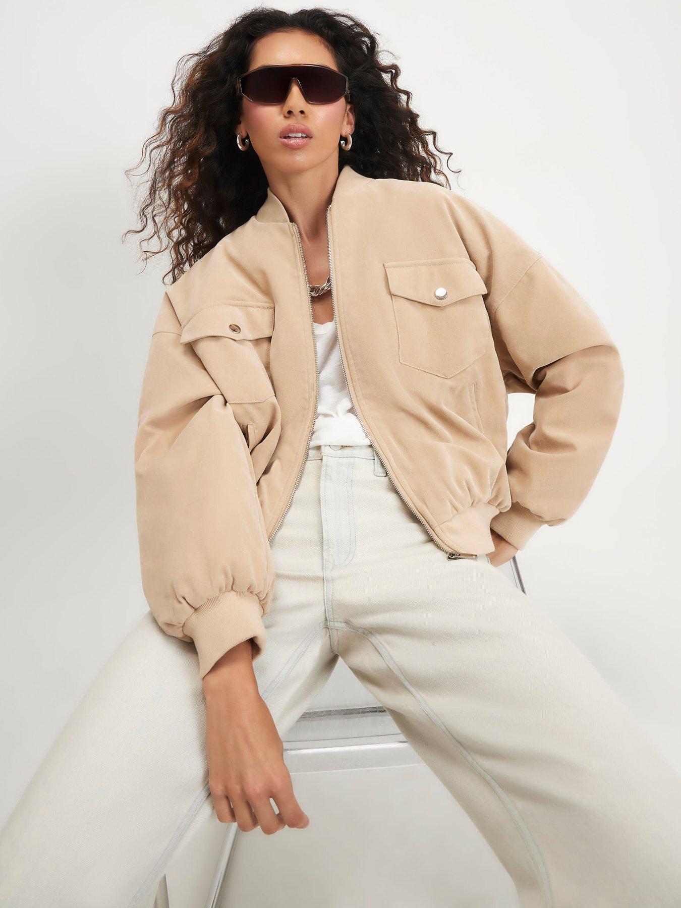 Image 1 of 5 of River Island Womens Oversized Suedette Zip-Through Bomber Jacket - Cream
