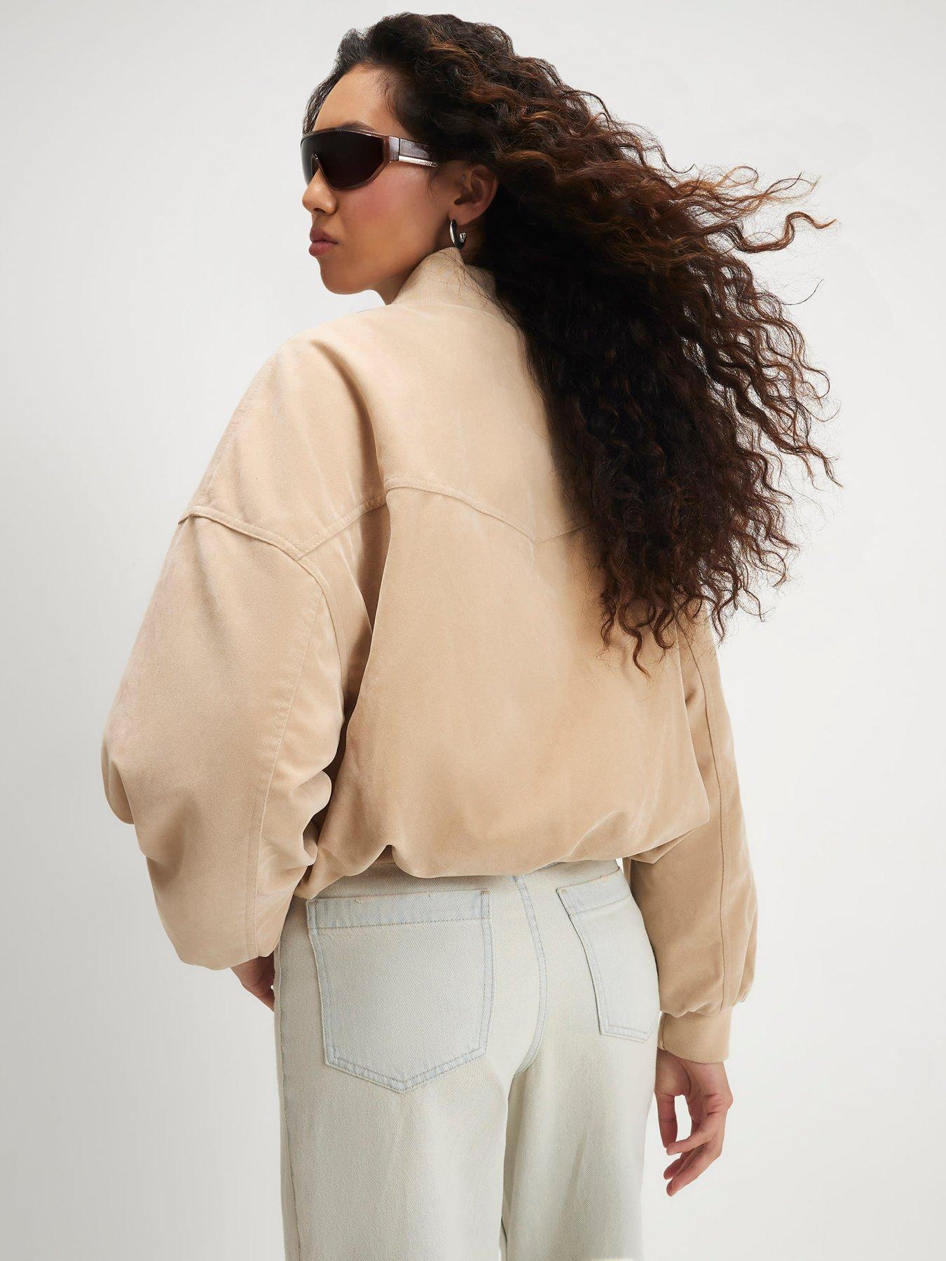Image 2 of 5 of River Island Womens Oversized Suedette Zip-Through Bomber Jacket - Cream