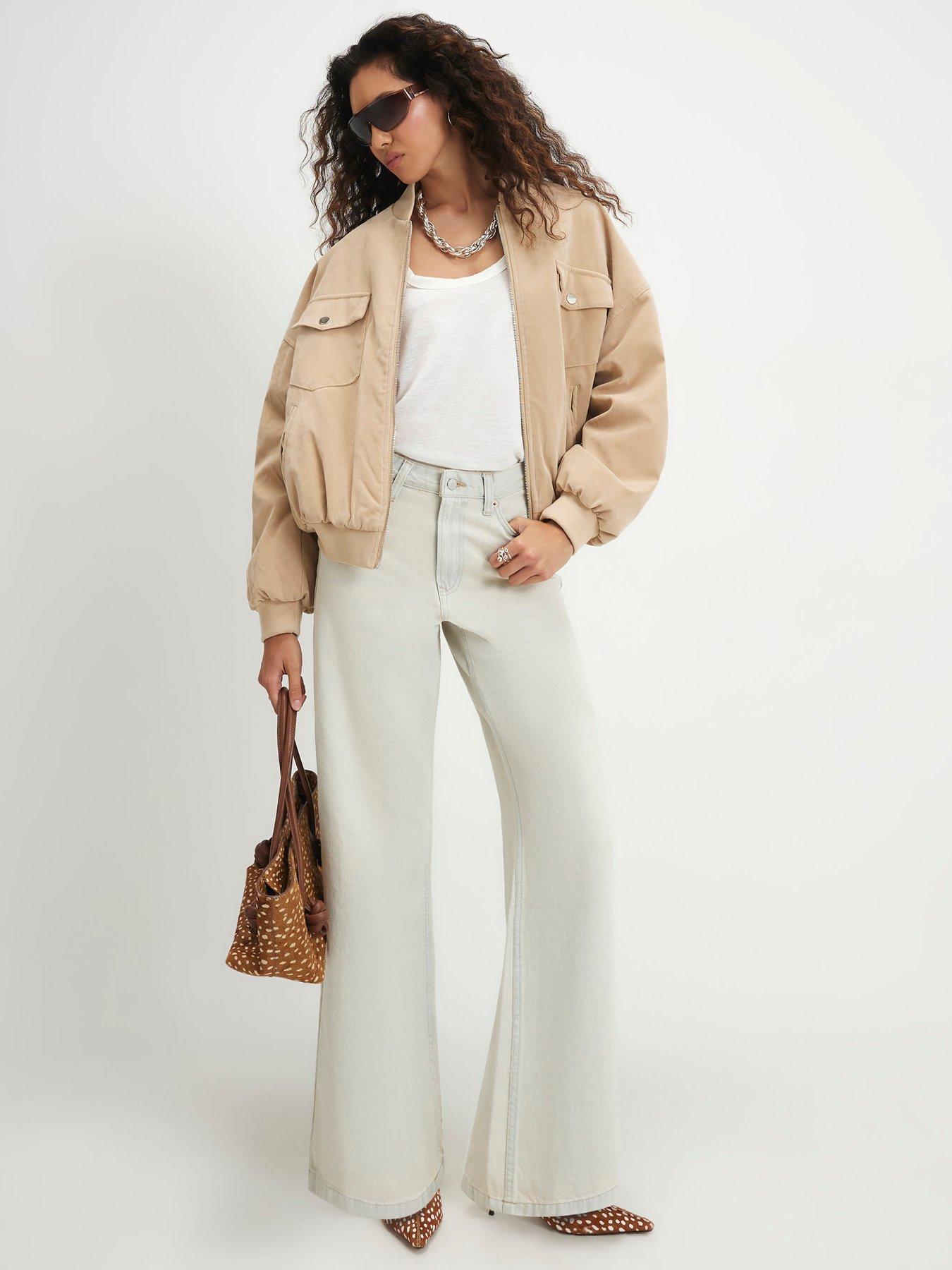 Image 3 of 5 of River Island Womens Oversized Suedette Zip-Through Bomber Jacket - Cream