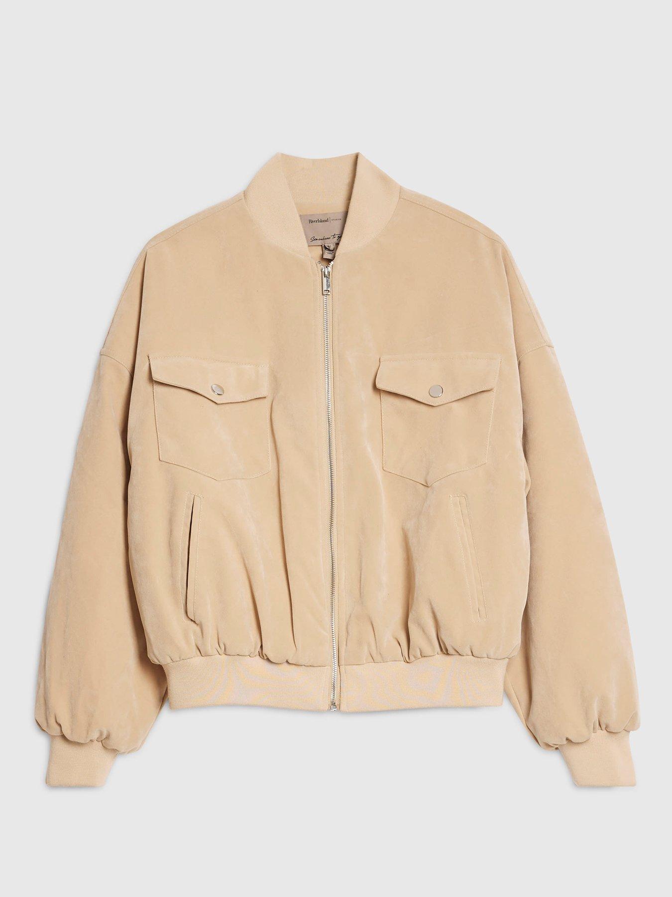 Image 4 of 5 of River Island Womens Oversized Suedette Zip-Through Bomber Jacket - Cream