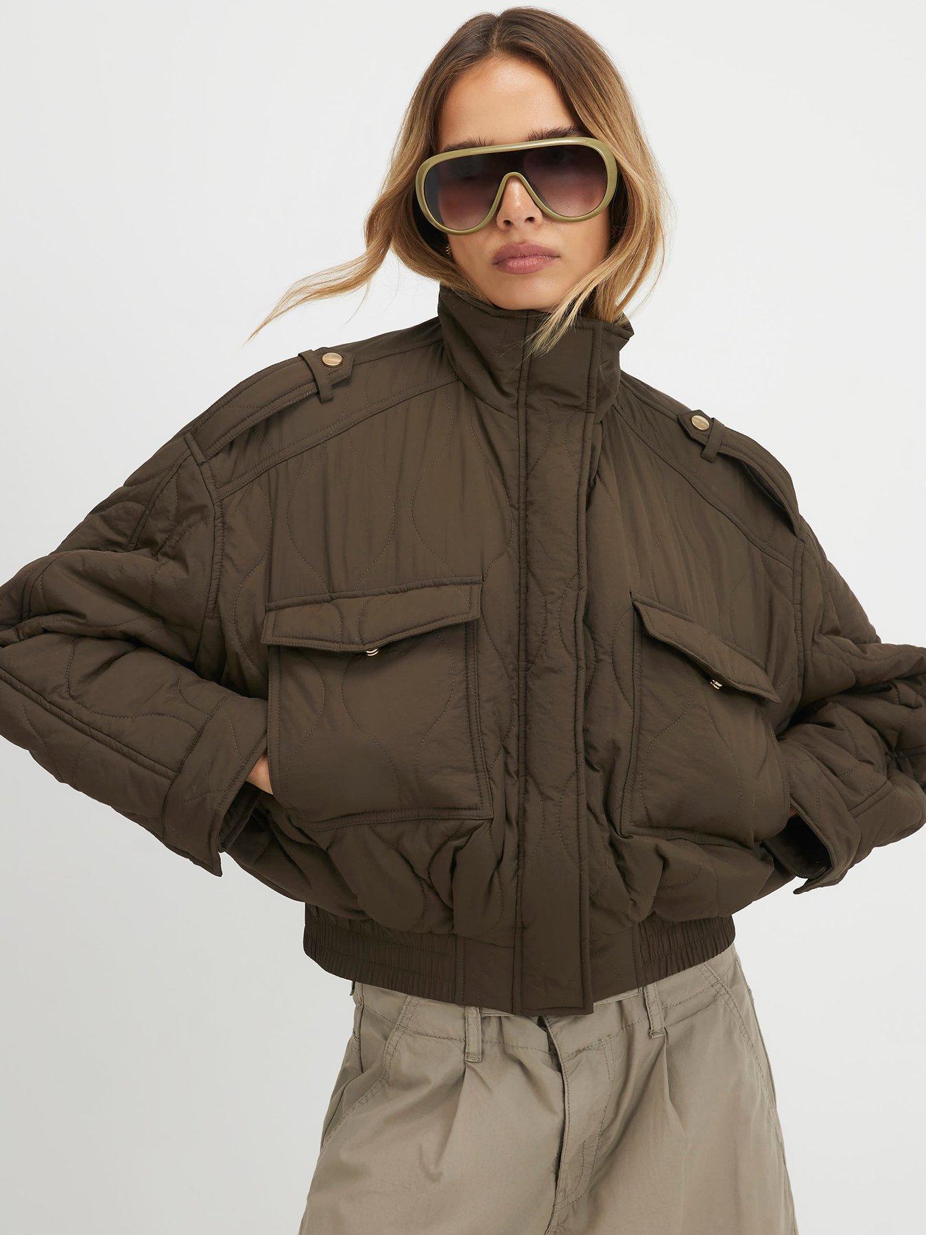 River Island Quilted Funnel Neck Bomber Jacket - Green