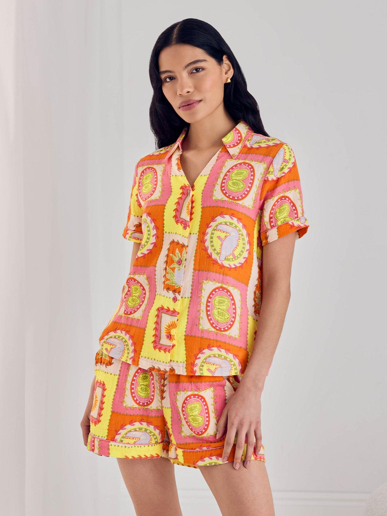 CHELSEA PEERS Cotton Cheesecloth Tropical Patchwork Print Short Pyjama Set - Multi