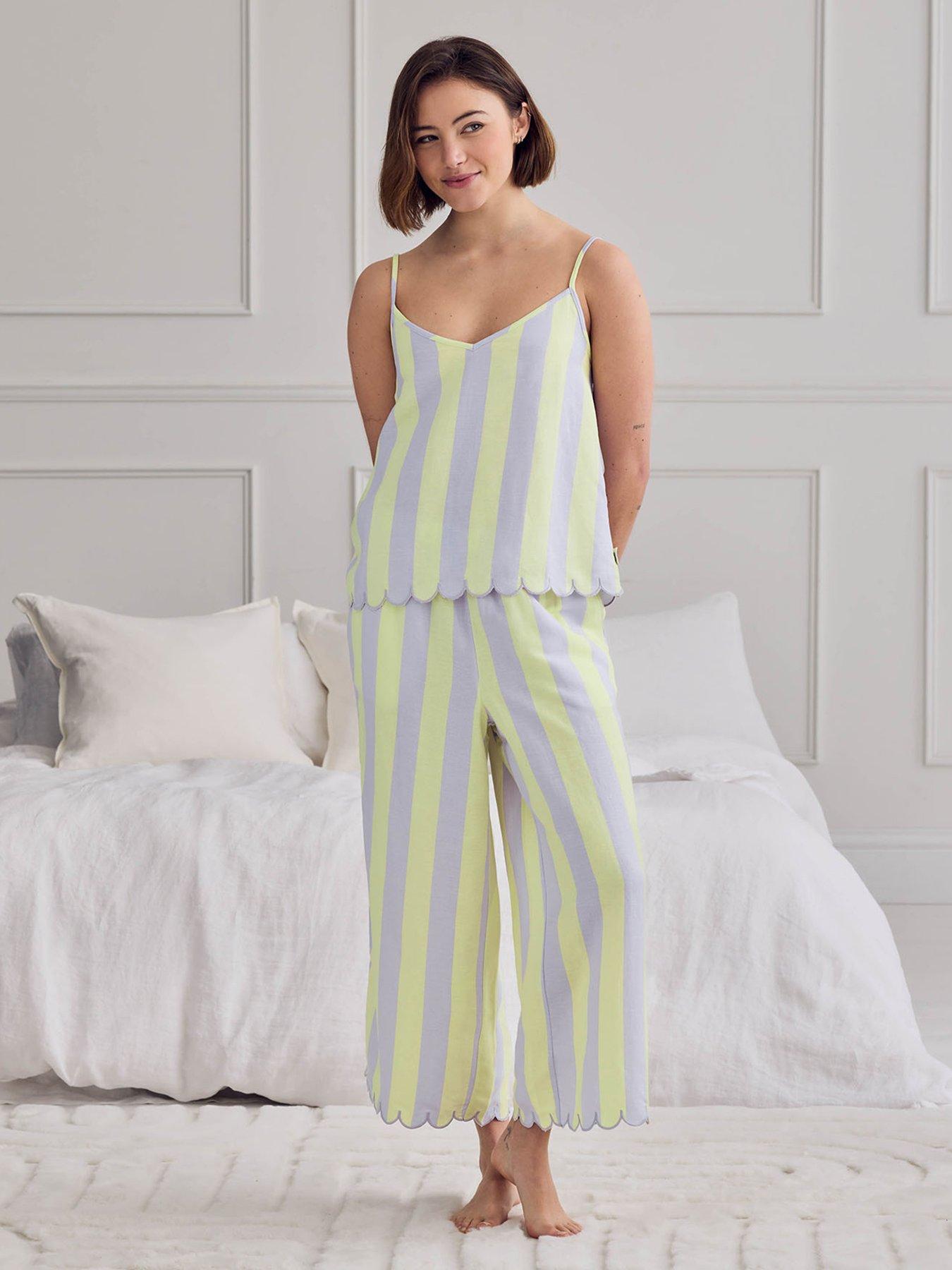 CHELSEA PEERS Linen Blend Scallop Edge Stripe Long Pyjama Set - Lilac