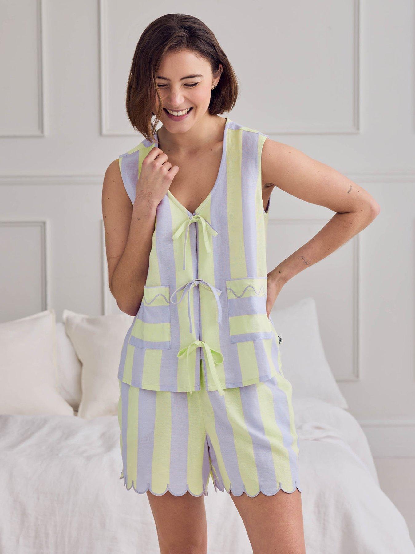 CHELSEA PEERS Chelsea Peers Linen Blend Scallop Edge Tie-front Stripe Cami Short Pyjama Set - Lilac - Orange