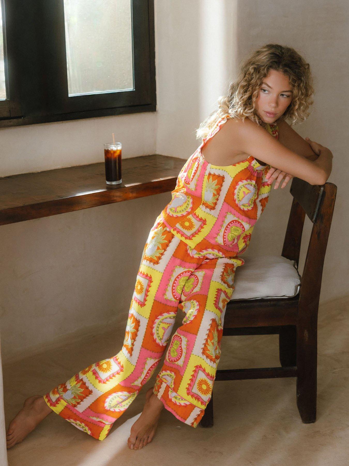 CHELSEA PEERS Chelsea Peers Linen Blend Tropical Patchwork Print Frill Cami Long Pyjama Set - Multi