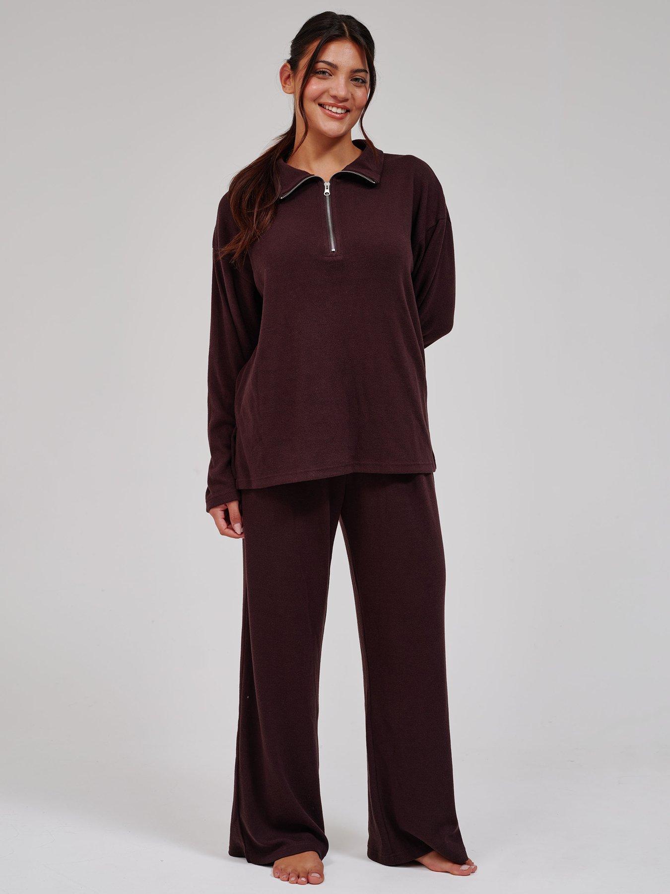 Loungeable Loungeable Soft 1/4 Knit Top And Trouser Set - Dark Brown