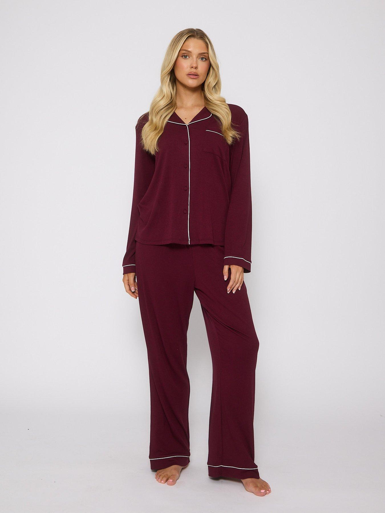 Loungeable Rib Long Sleeved Traditional Pyjama Set - Red