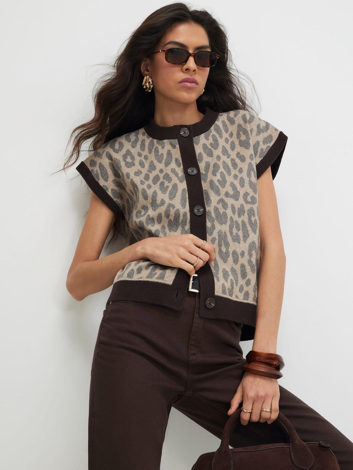 Image 1 of 6 of River Island Leopard Print Button-Through Ribbed Vest - Beige