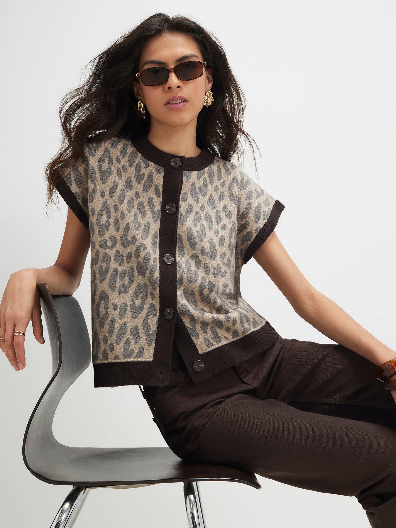 Image 4 of 6 of River Island Leopard Print Button-Through Ribbed Vest - Beige