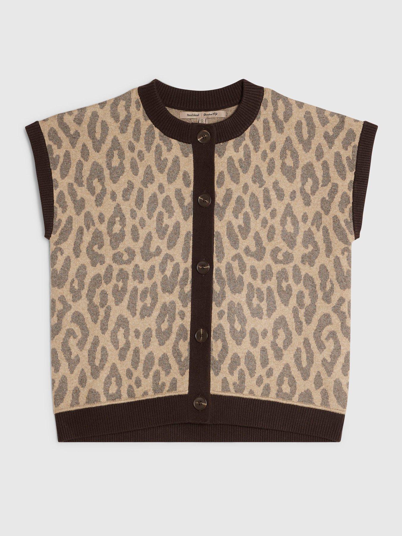 Image 5 of 6 of River Island Leopard Print Button-Through Ribbed Vest - Beige