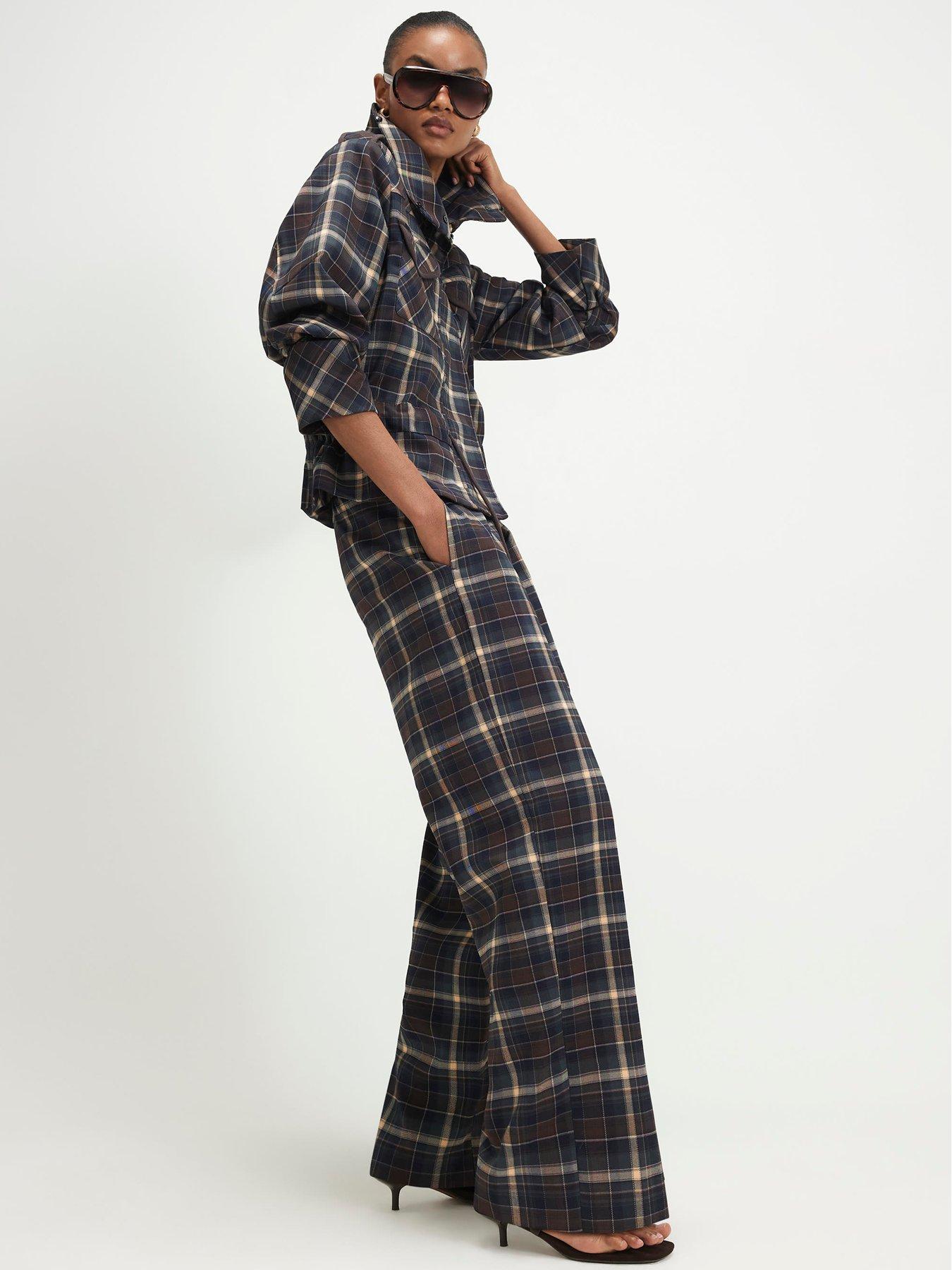 Image 1 of 6 of River Island Womens Checked Wide Leg Pleated Trousers - Blue