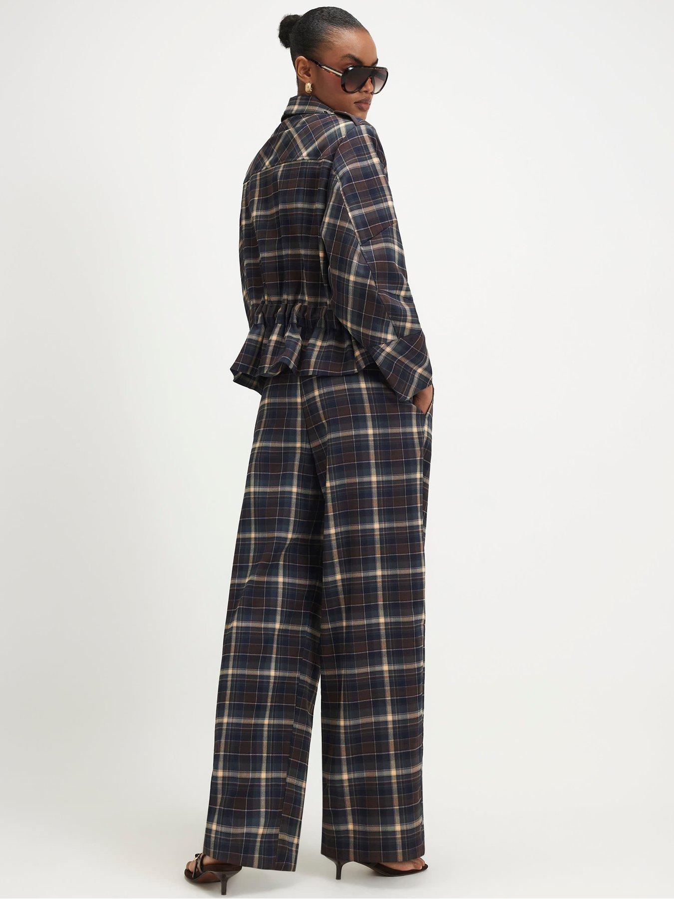 Image 2 of 6 of River Island Womens Checked Wide Leg Pleated Trousers - Blue
