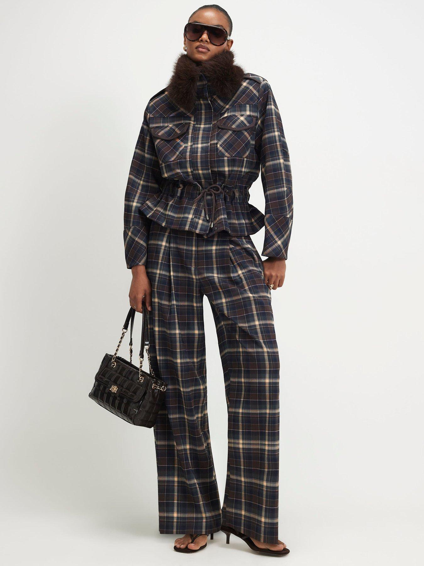 Image 3 of 6 of River Island Womens Checked Wide Leg Pleated Trousers - Blue