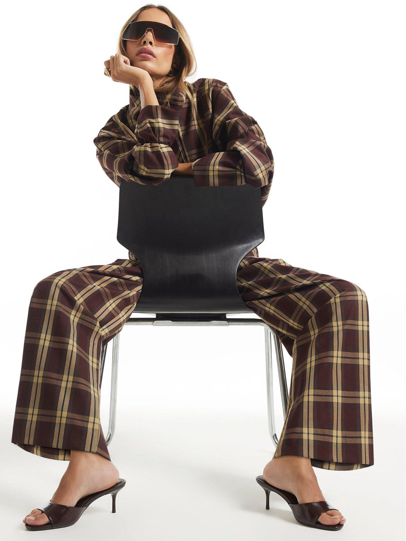 Image 1 of 6 of River Island Womens Check Barrel Leg Wide Leg Trousers - Brown