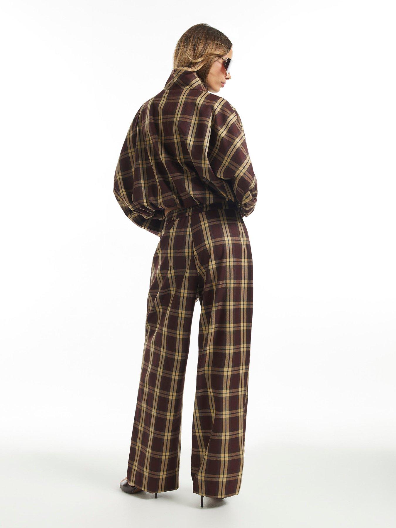 Image 2 of 6 of River Island Womens Check Barrel Leg Wide Leg Trousers - Brown