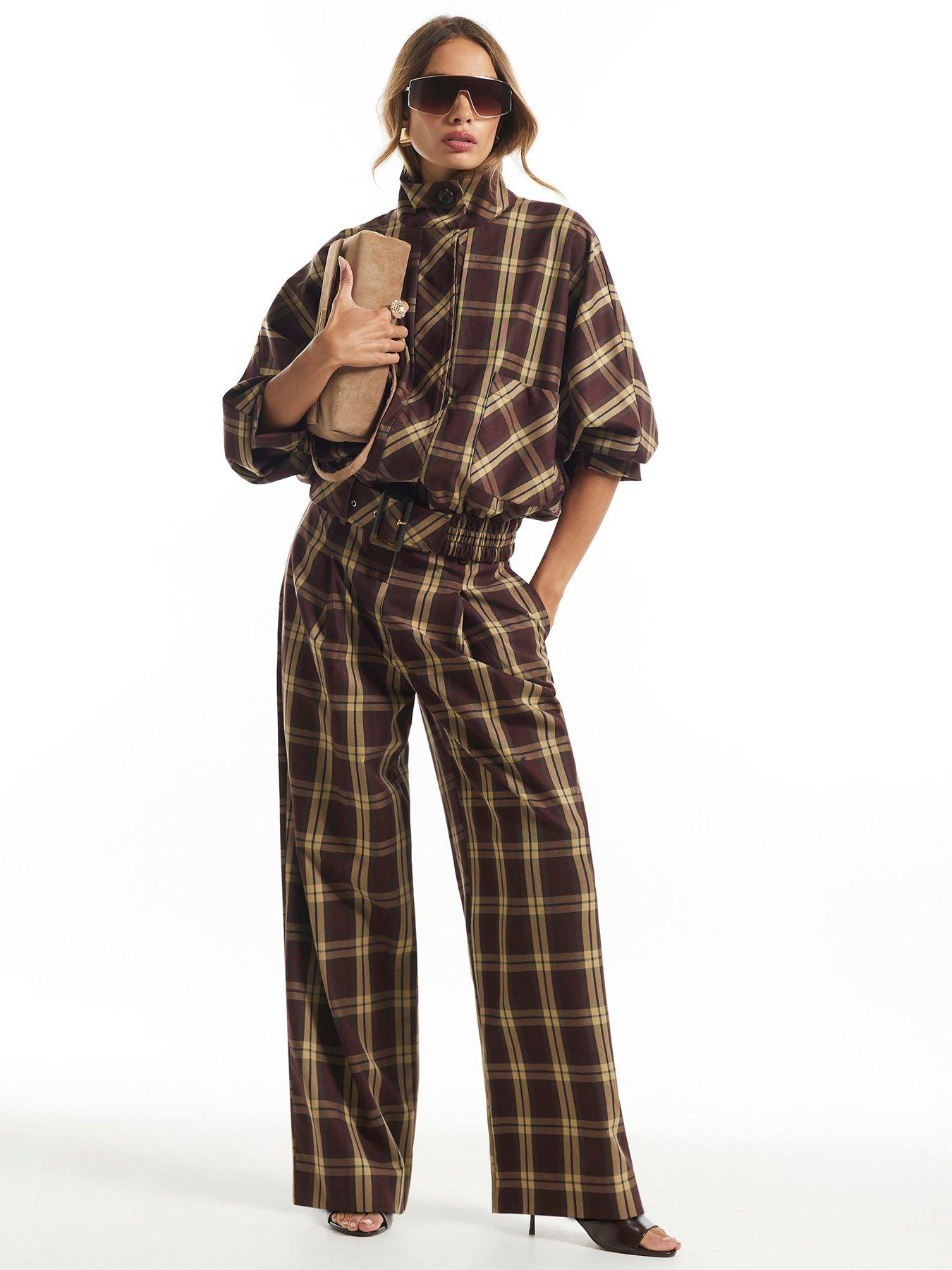 Image 3 of 6 of River Island Womens Check Barrel Leg Wide Leg Trousers - Brown