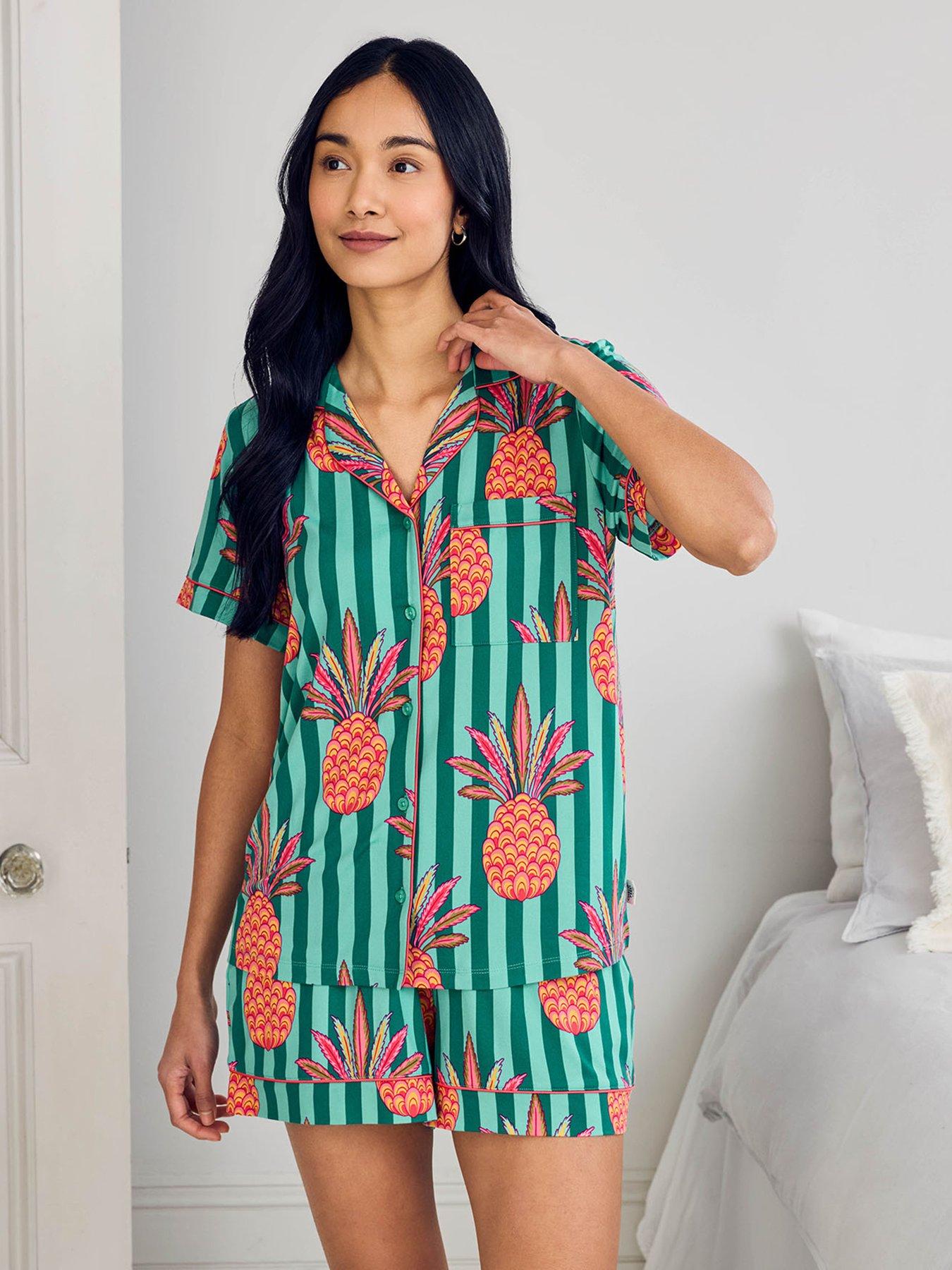 CHELSEA PEERS Chelsea Peers Pineapple Stripe Print Short Pyjama Set - Turquoise