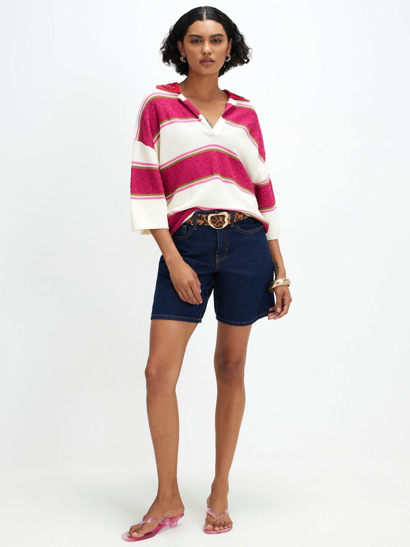 River Island Stripe Knit Diamante Collar Polo Top - Pink