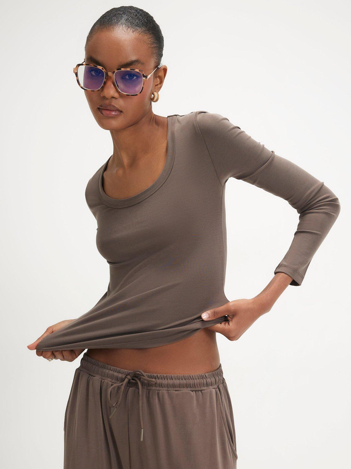 Image 1 of 6 of River Island Long Sleeve Soft Touch Scoop Neck Top - Brown