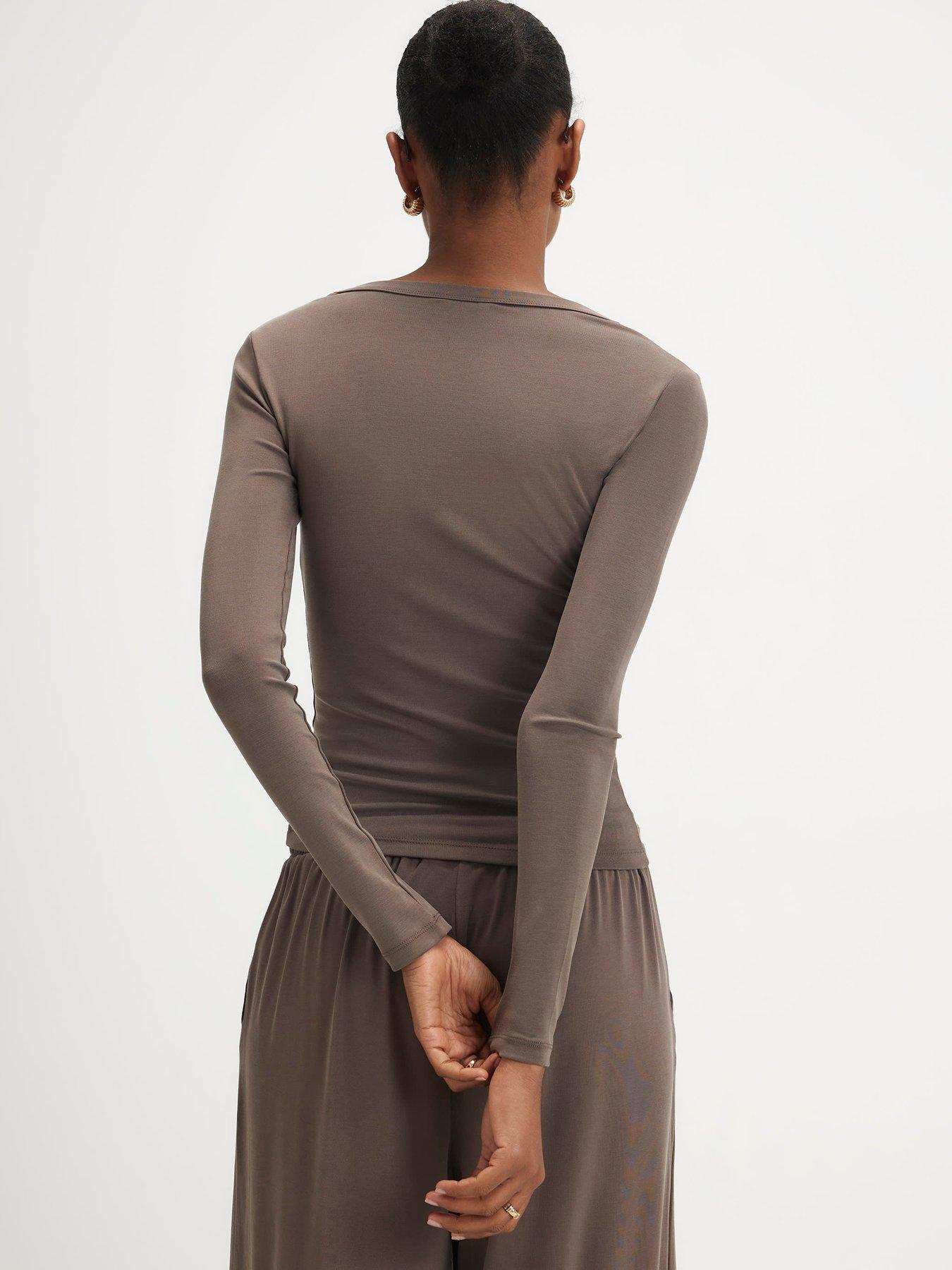 Image 2 of 6 of River Island Long Sleeve Soft Touch Scoop Neck Top - Brown