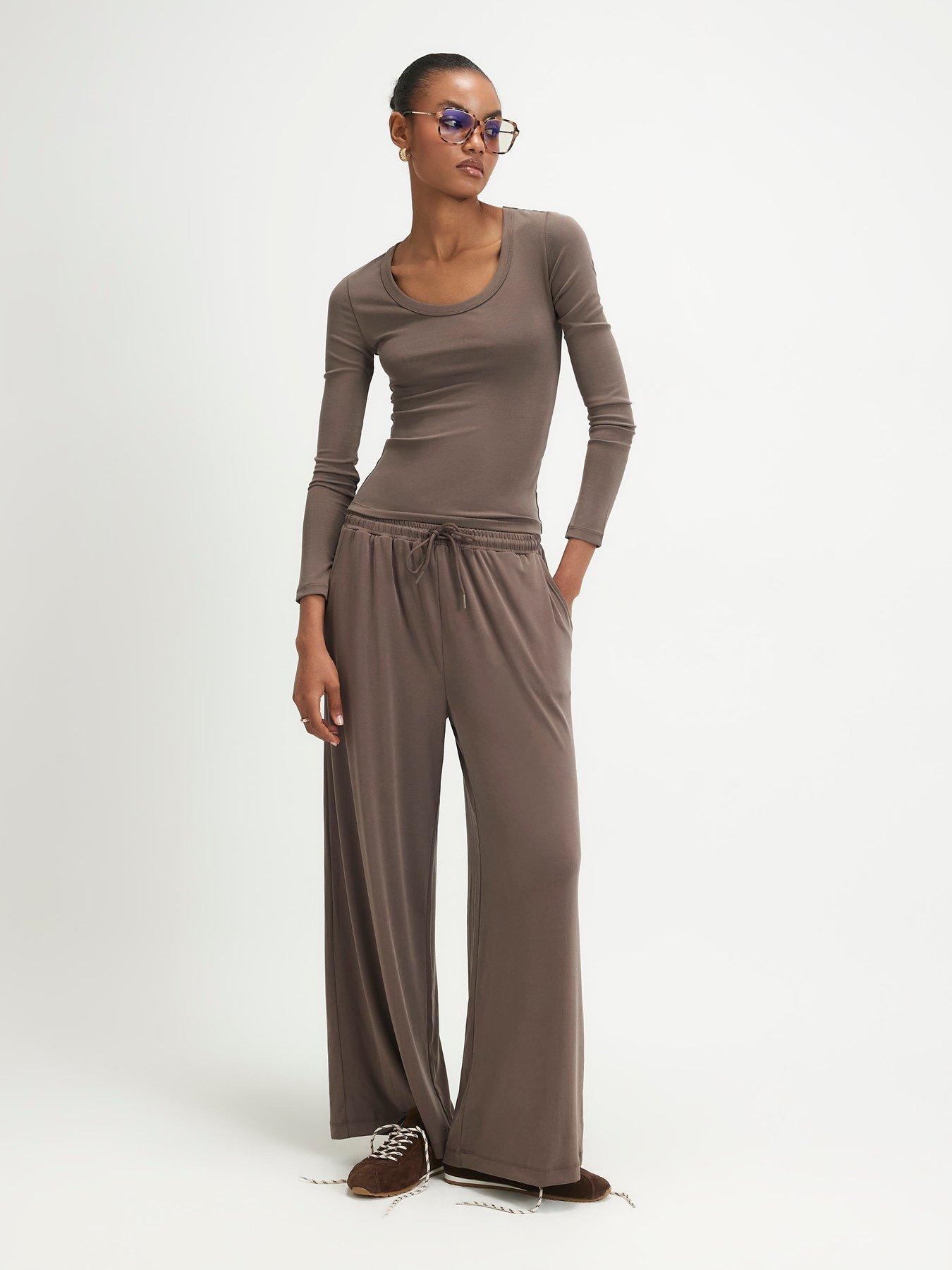 Image 3 of 6 of River Island Long Sleeve Soft Touch Scoop Neck Top - Brown