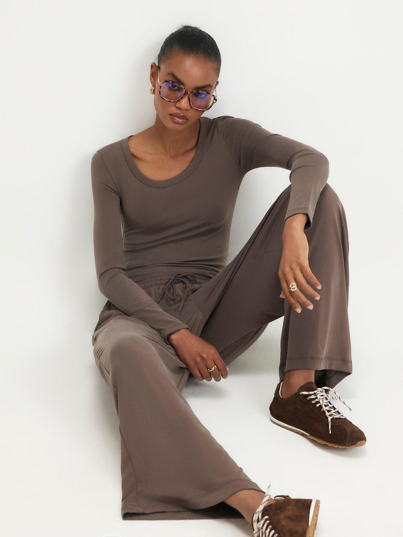 Image 4 of 6 of River Island Long Sleeve Soft Touch Scoop Neck Top - Brown