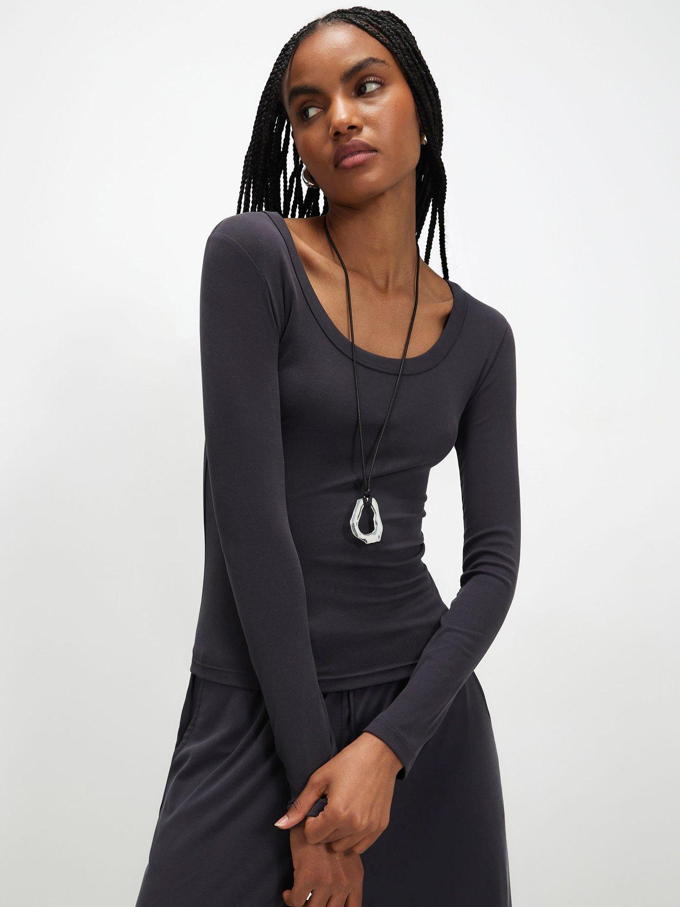 River Island Long Sleeve Soft Touch Scoop Neck Top Coord - Grey
