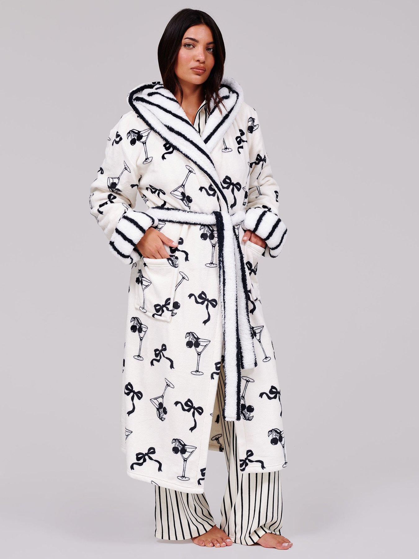 Image 1 of 5 of Loungeable Martini Bow Printed Flannel Fleece Midi Robe with Stripe Contrast Trim - Multi