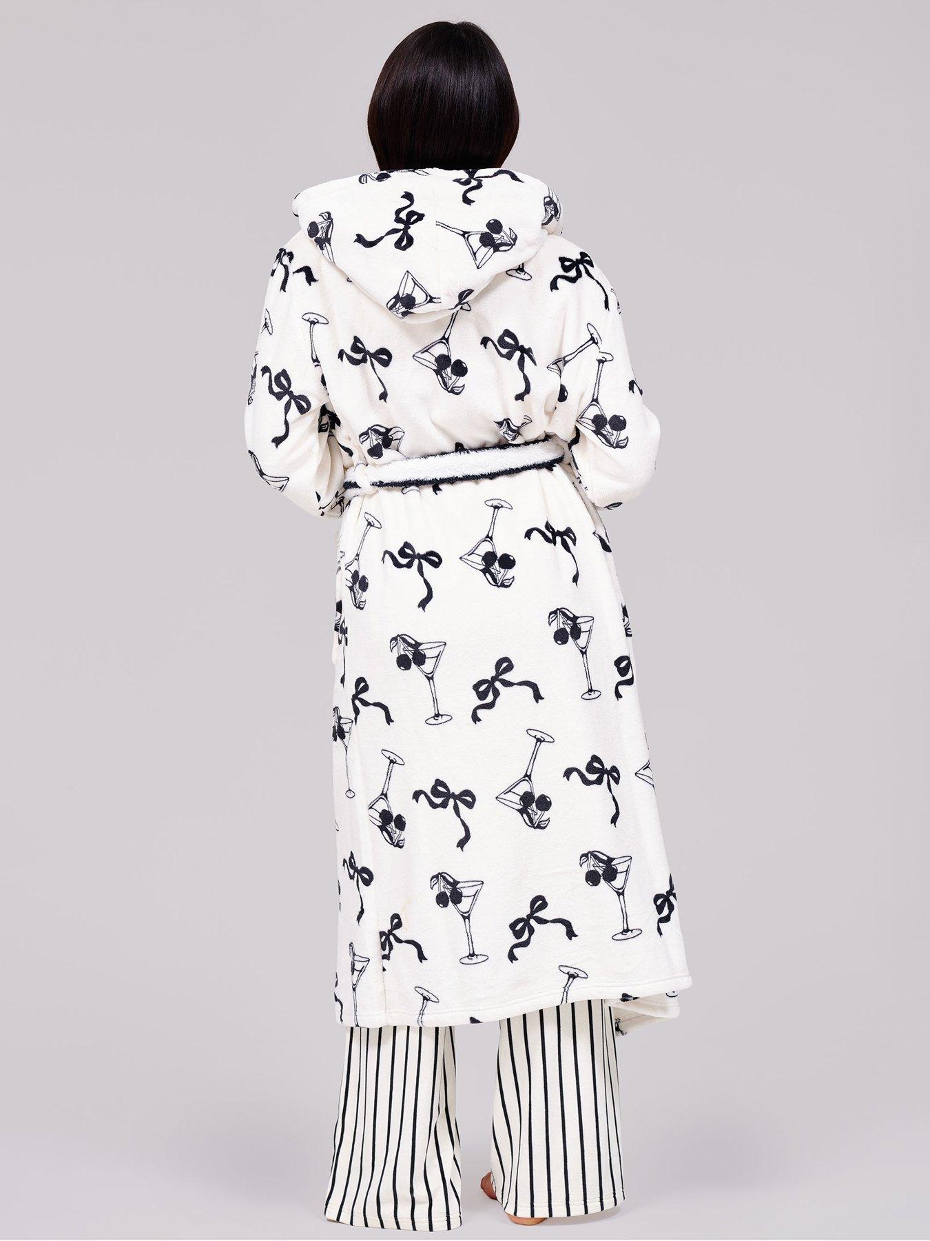 Image 2 of 5 of Loungeable Martini Bow Printed Flannel Fleece Midi Robe with Stripe Contrast Trim - Multi